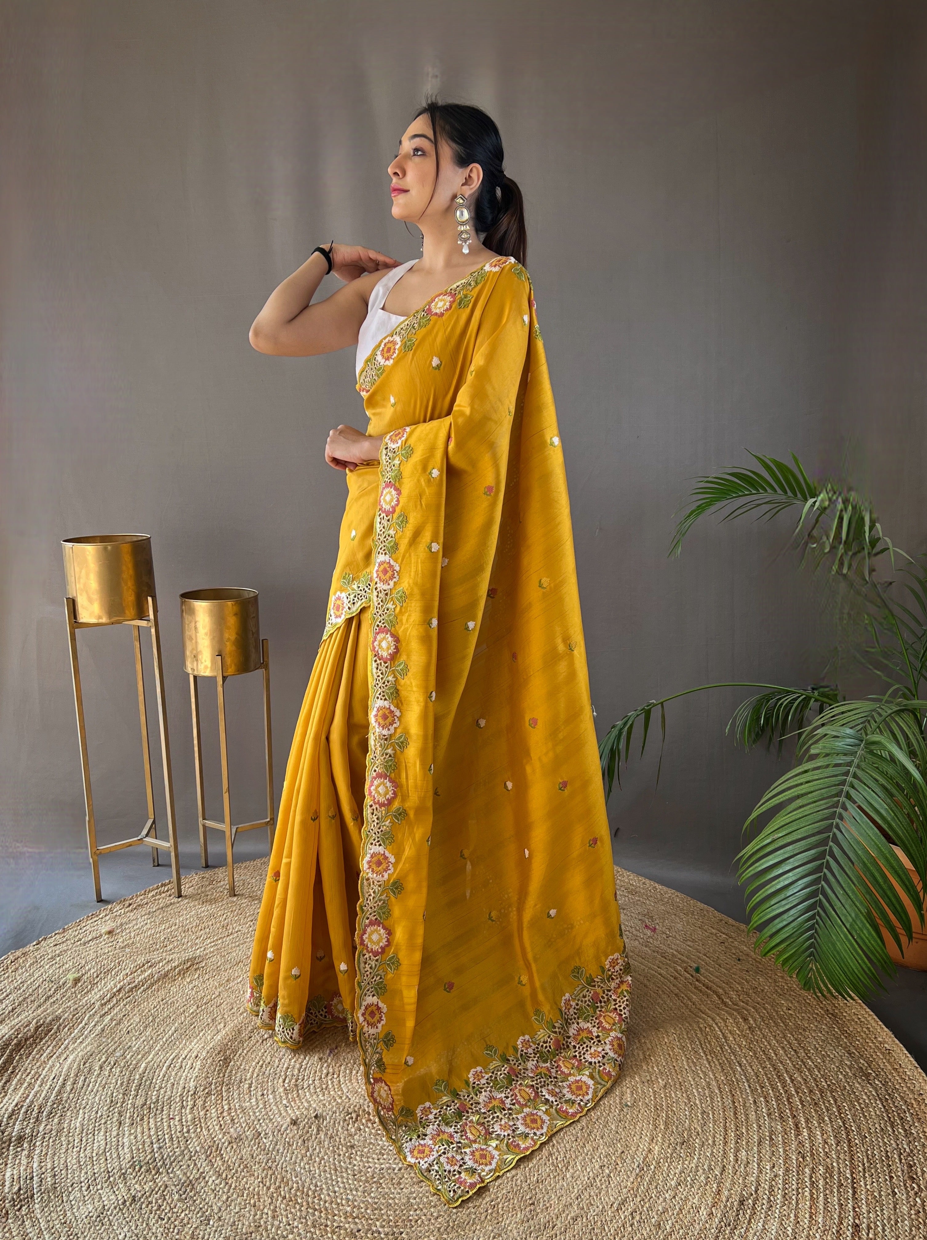 YELLOW Pure Tussar silk SAREE