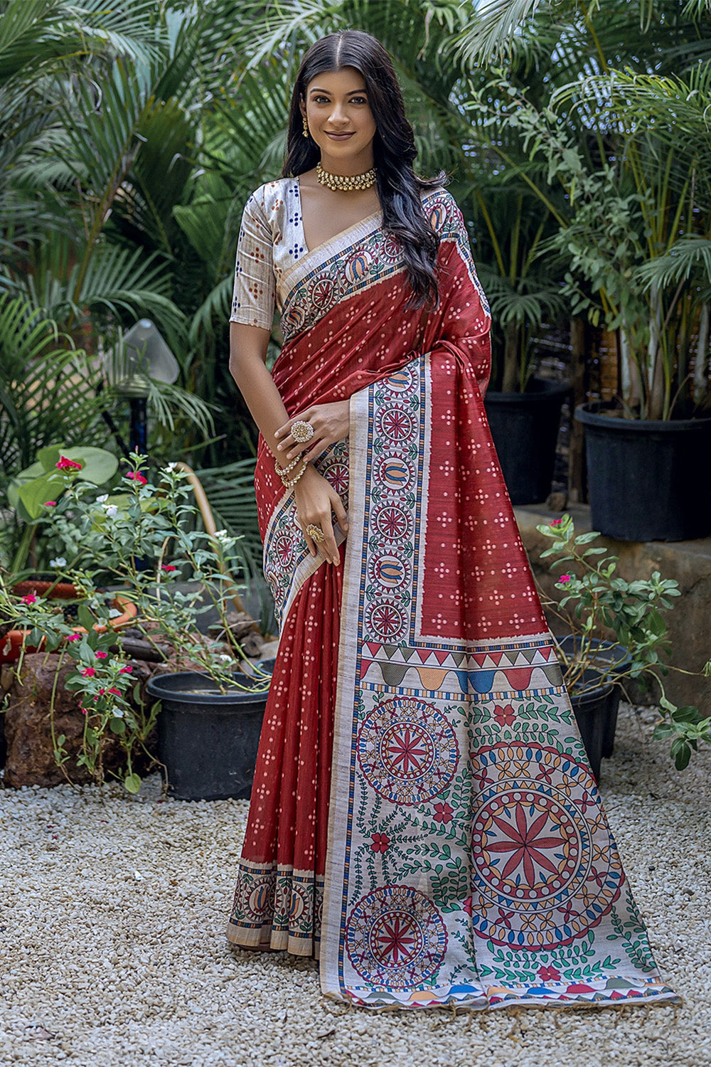 Red Tussar Silk Blend Saree