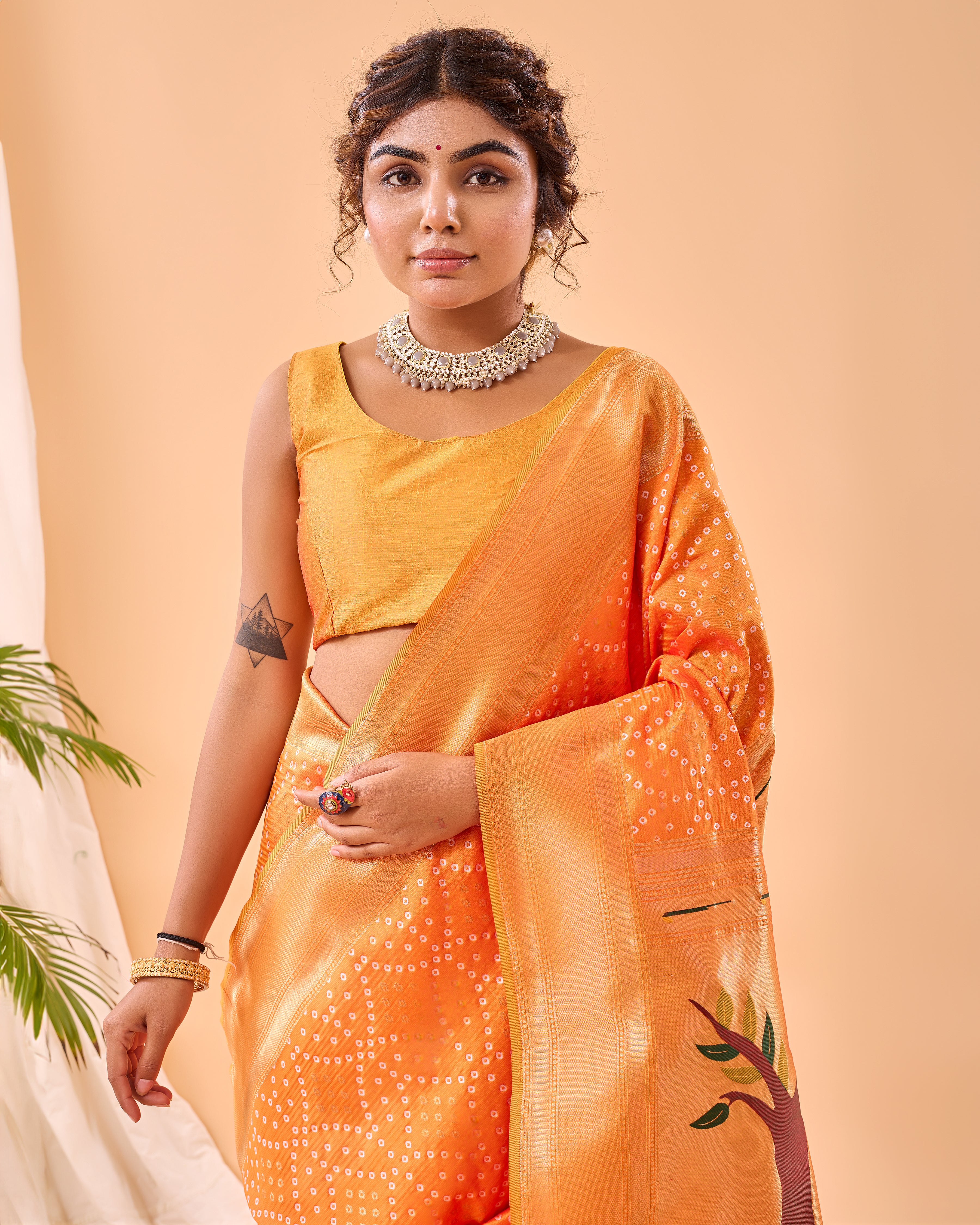 YELLOW Bandhani weaving SAREE