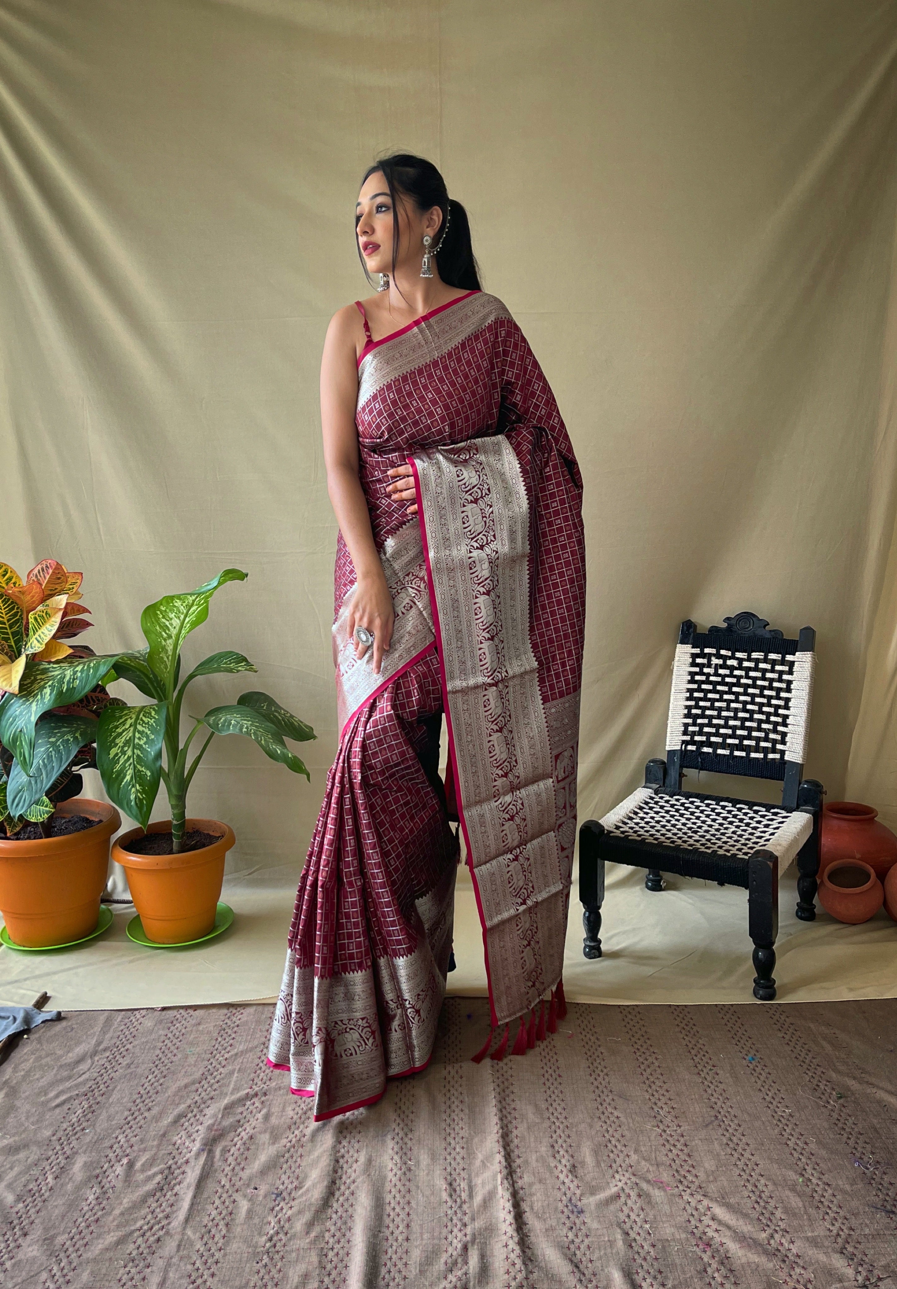 BROWN Soft litchi silkSAREE