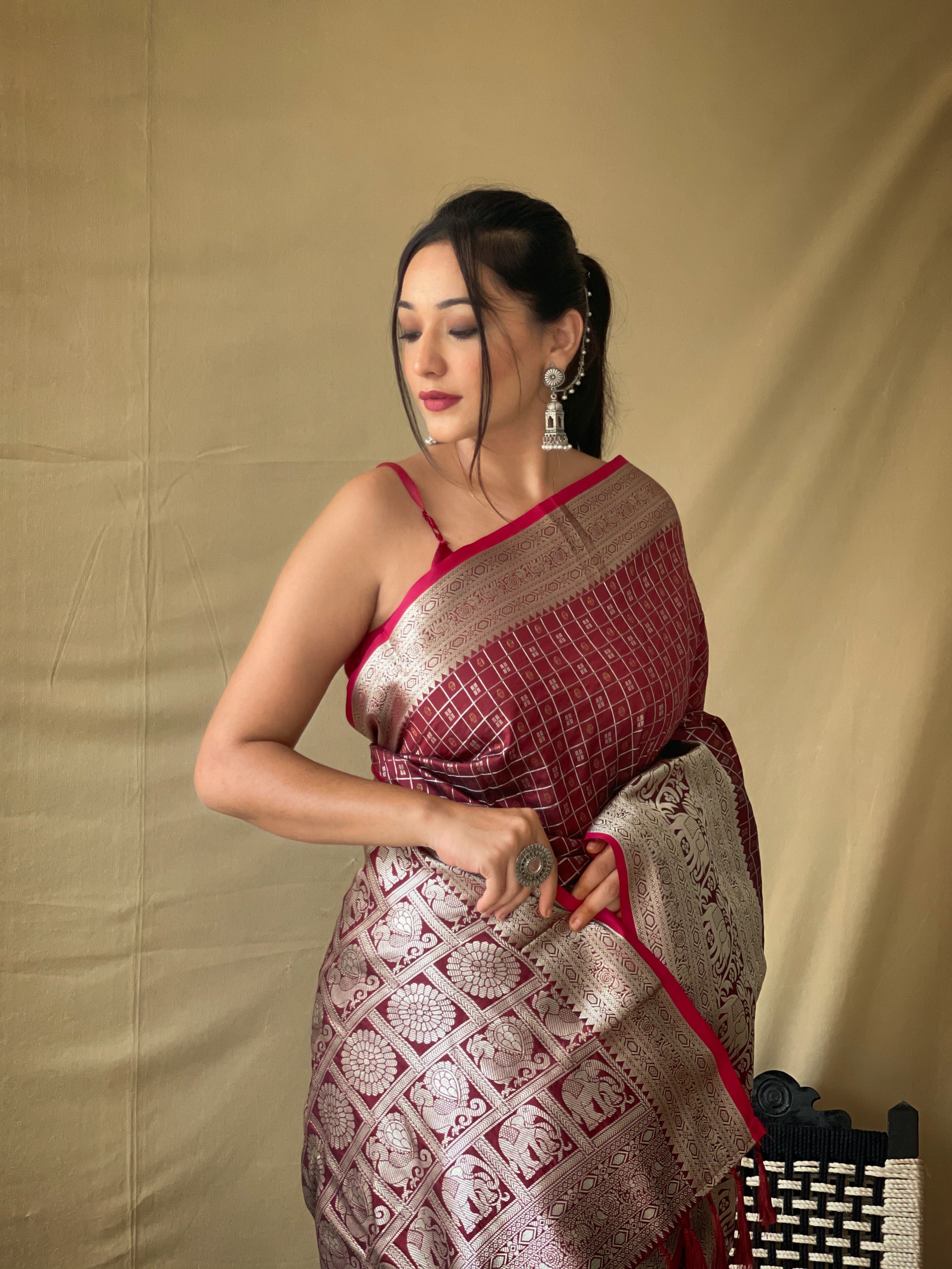 BROWN Soft litchi silkSAREE