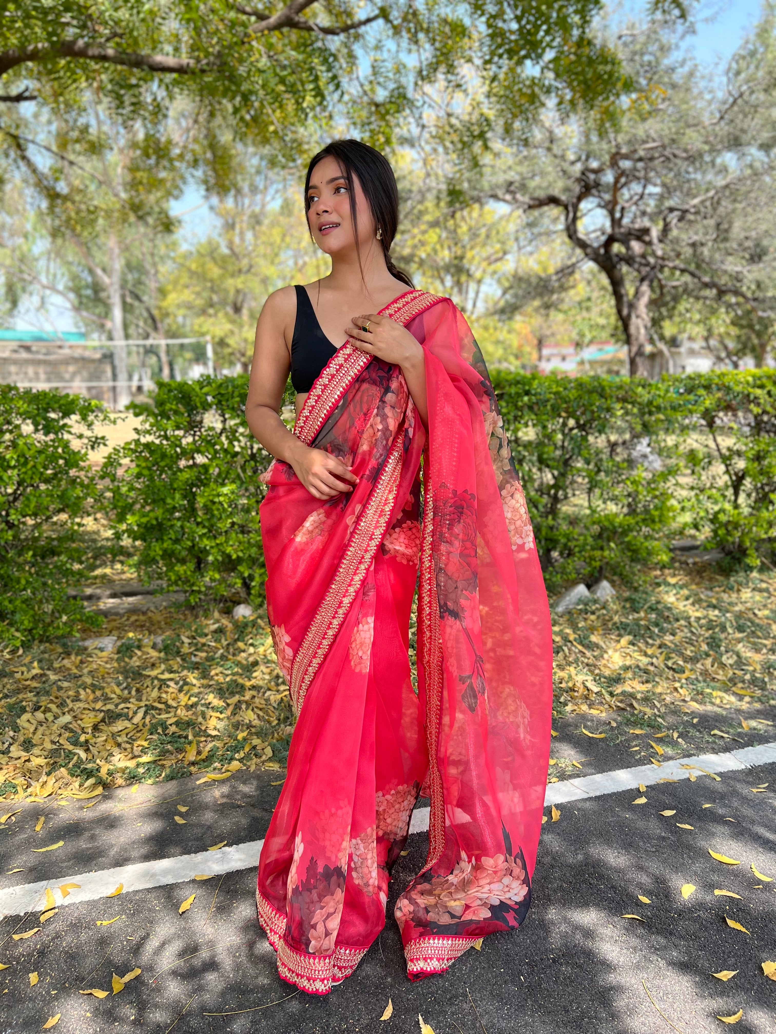 Red Organza Saree With Satin Benglori Blouse