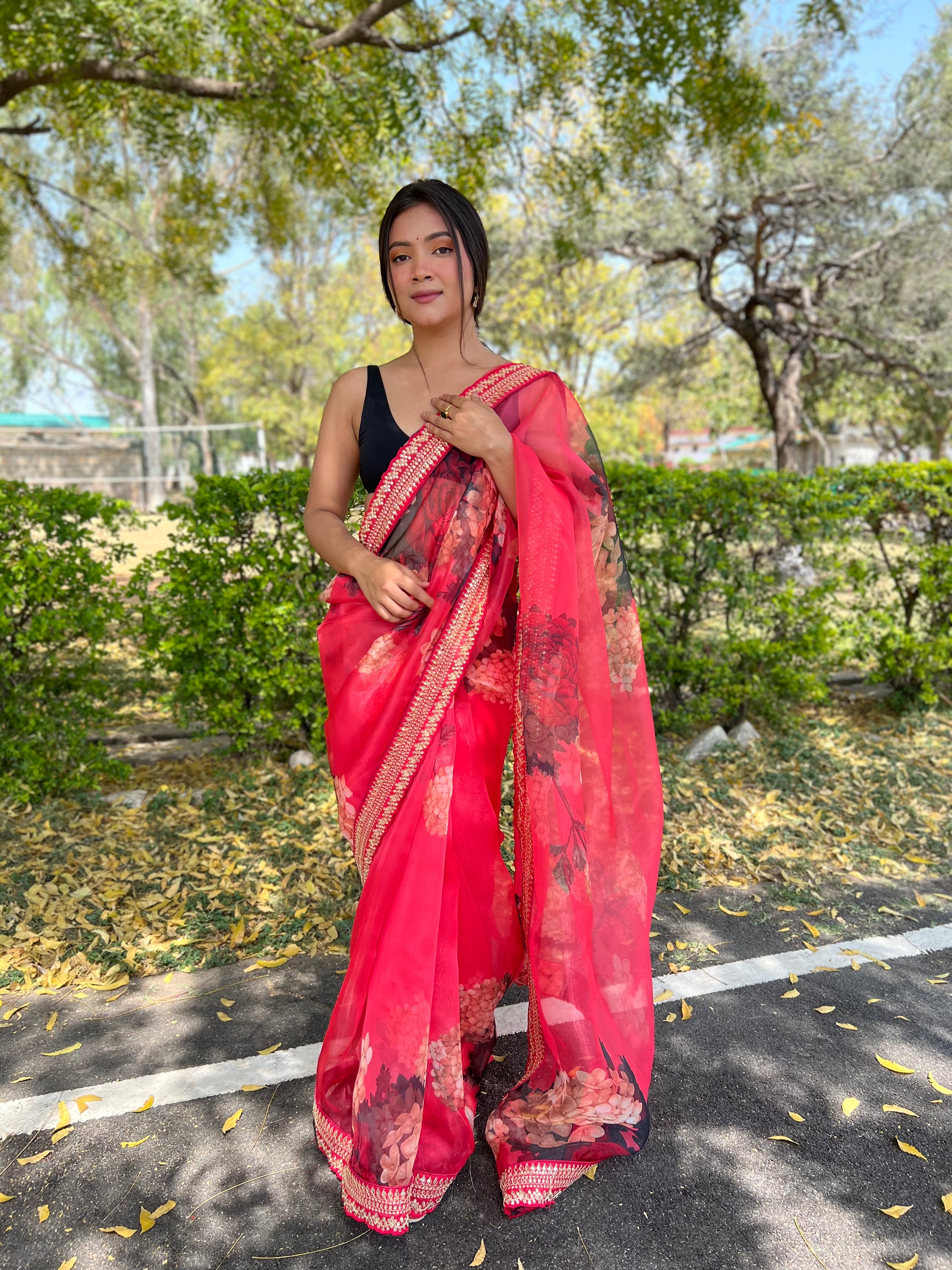 Red Organza Saree With Satin Benglori Blouse