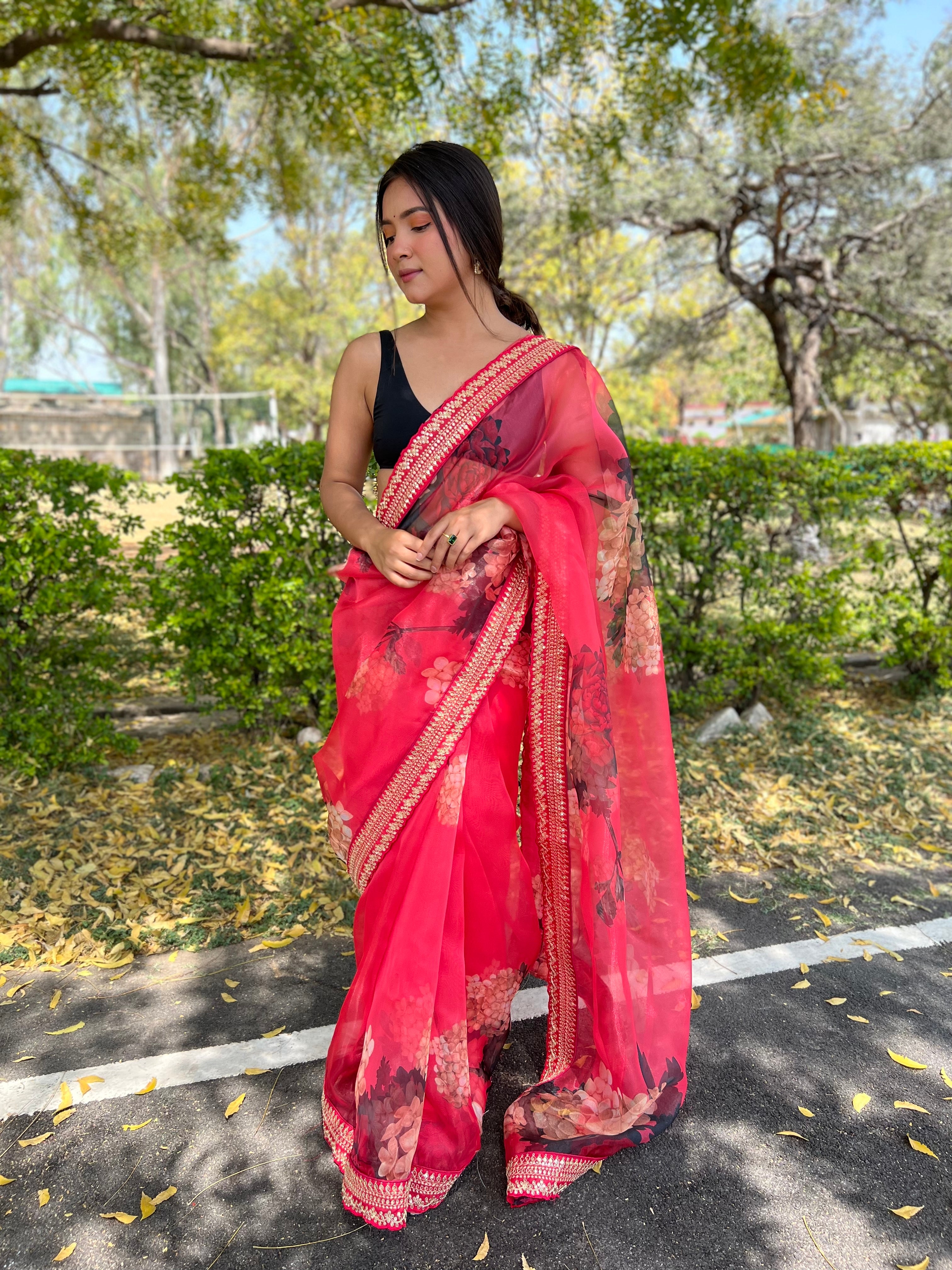 Red Organza Saree With Satin Benglori Blouse