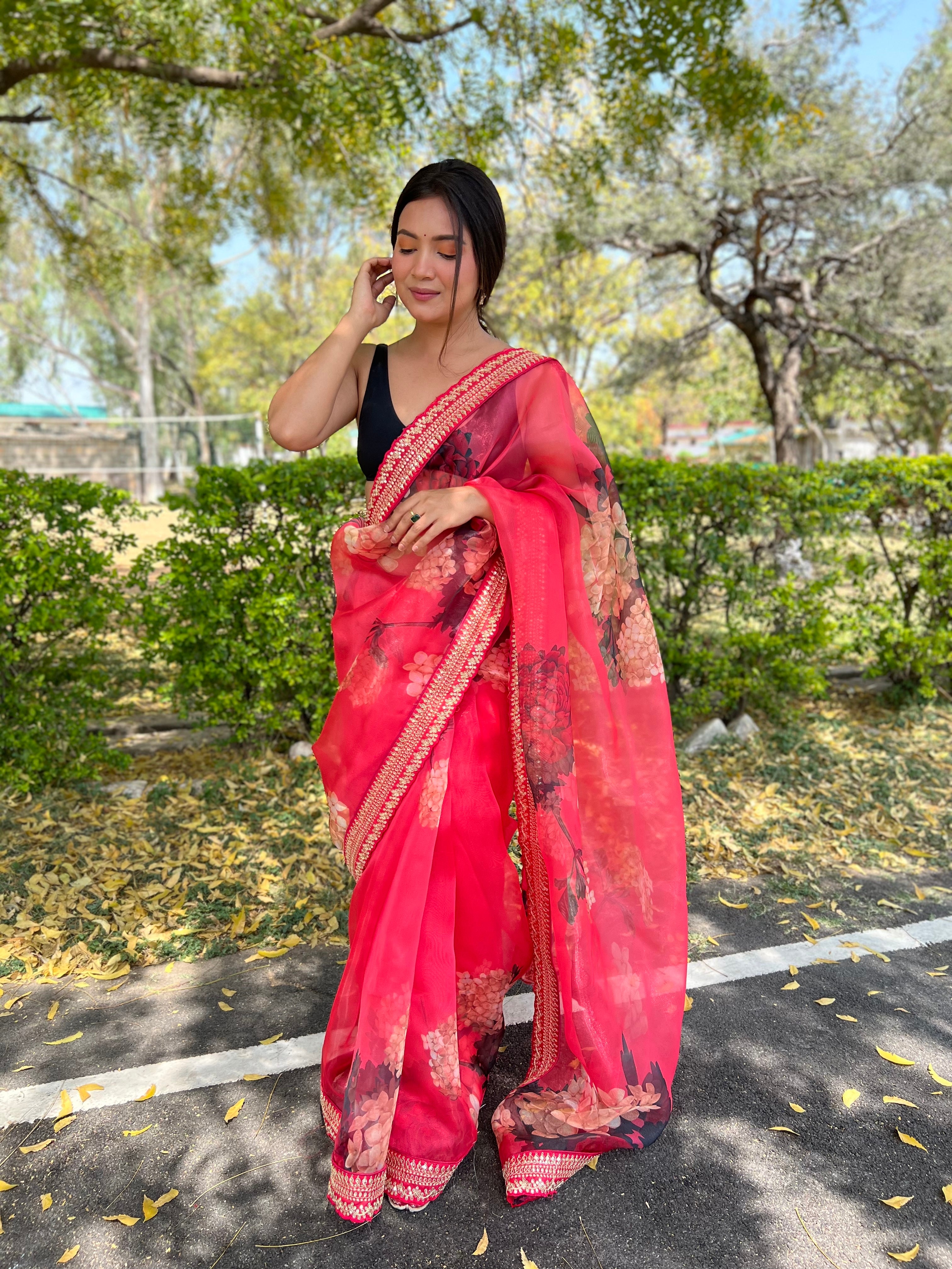 Red Organza Saree With Satin Benglori Blouse