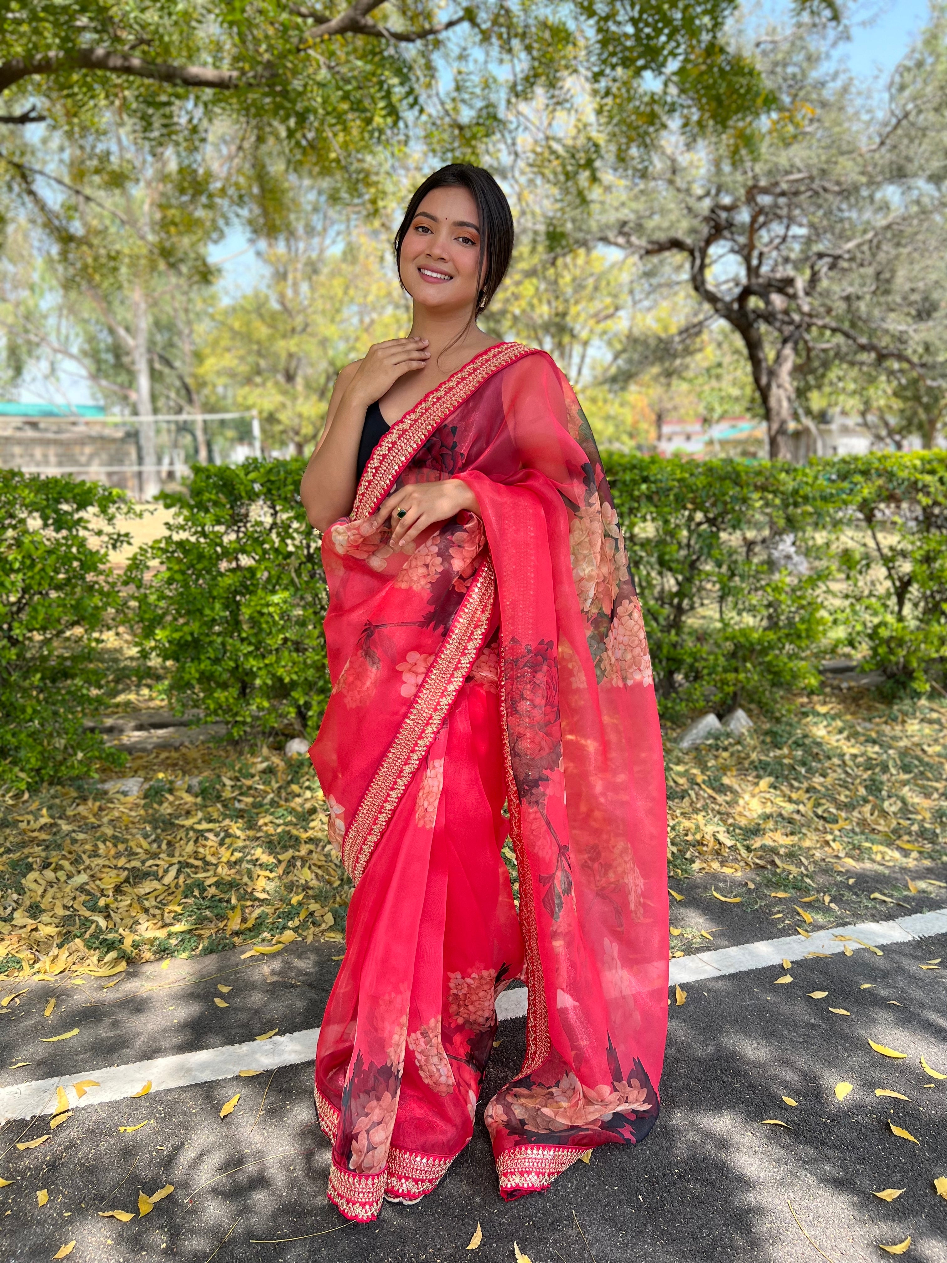 Red Organza Saree With Satin Benglori Blouse