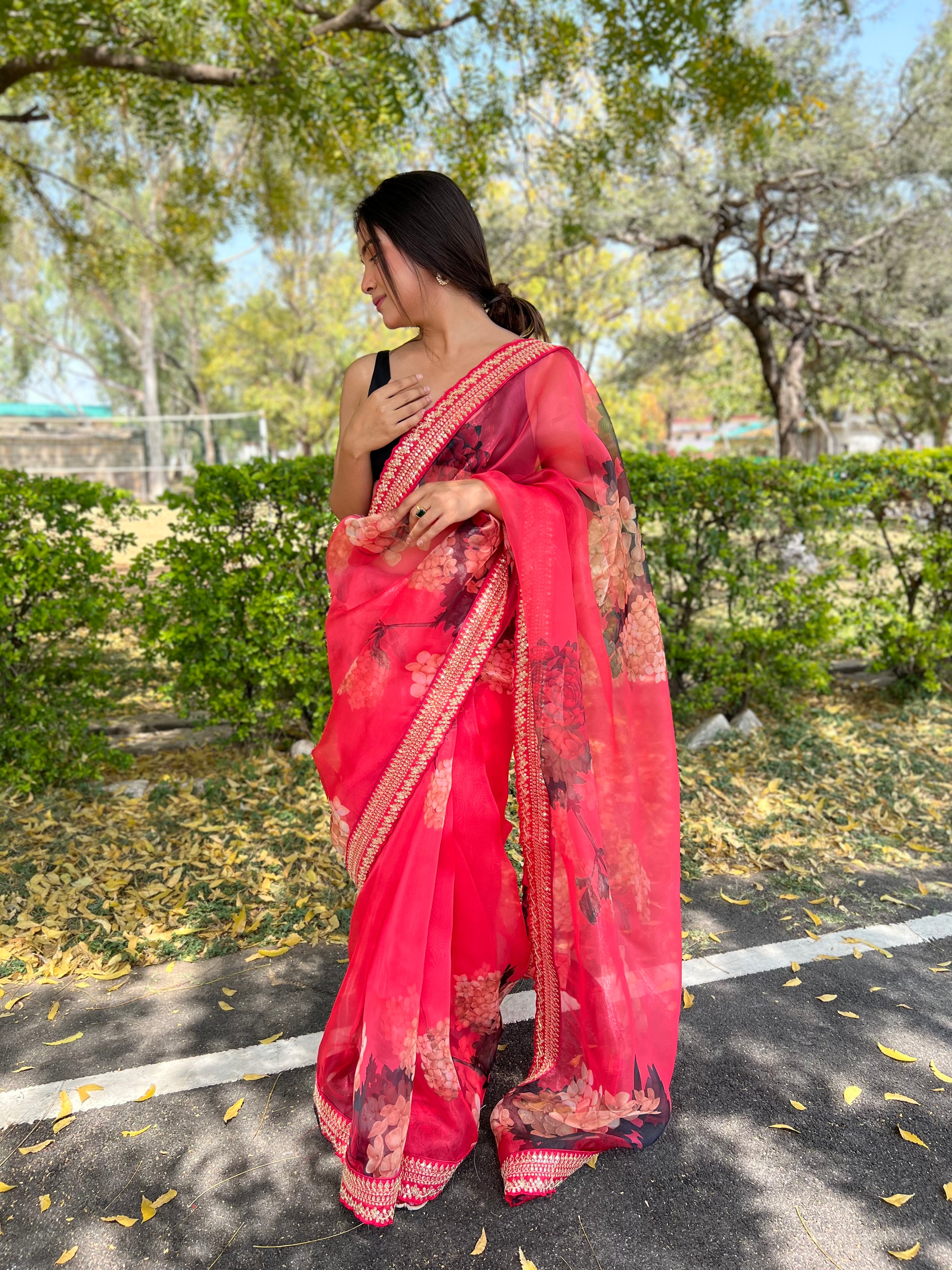 Red Organza Saree With Satin Benglori Blouse