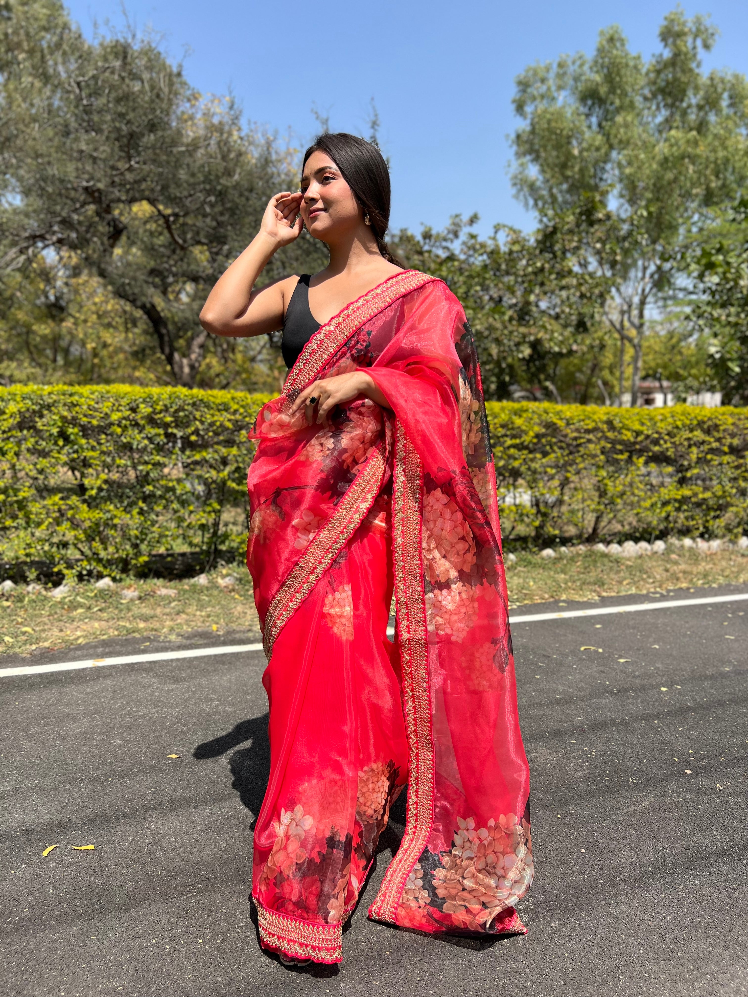 Red Organza Saree With Satin Benglori Blouse