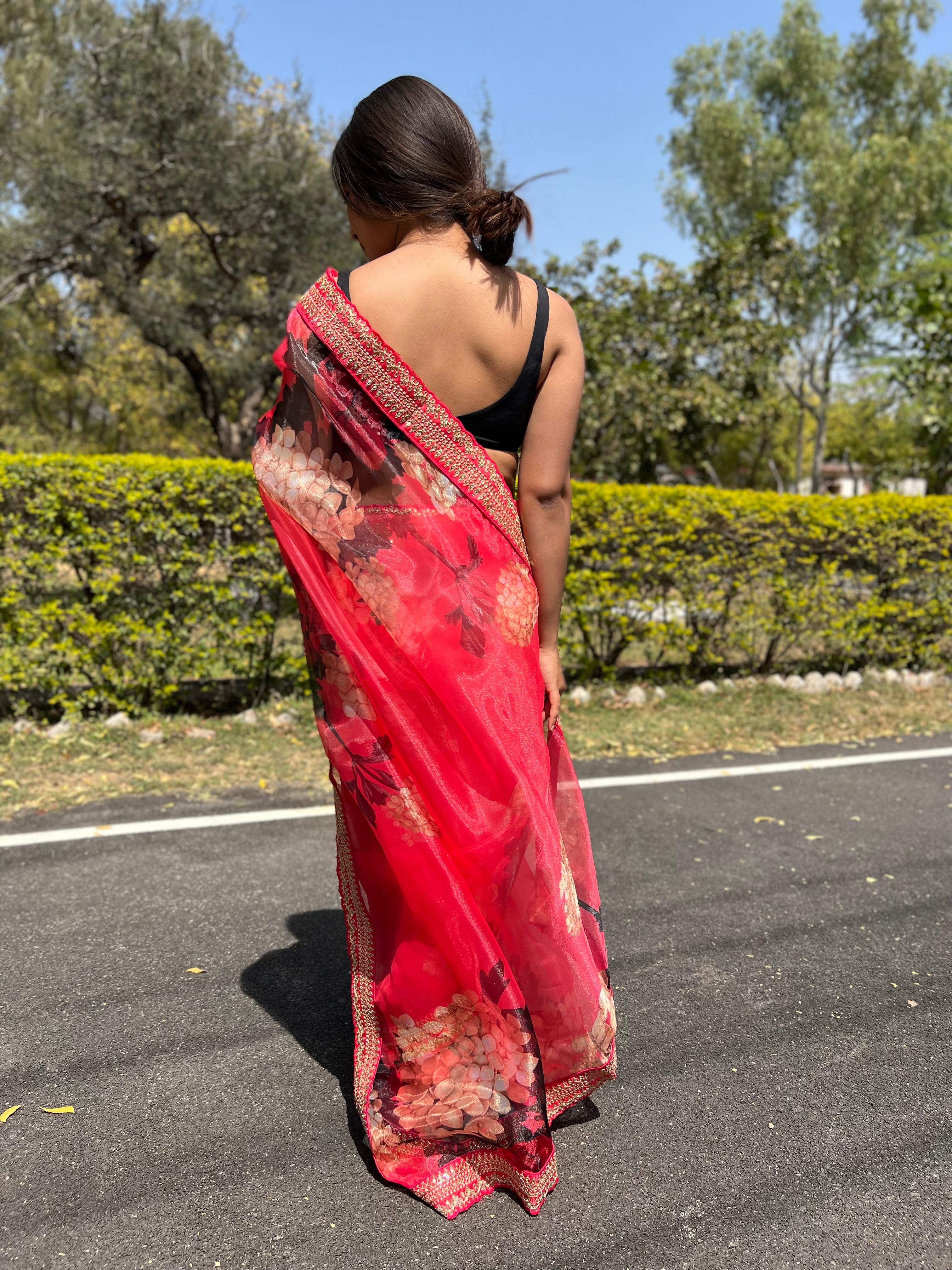 Red Organza Saree With Satin Benglori Blouse