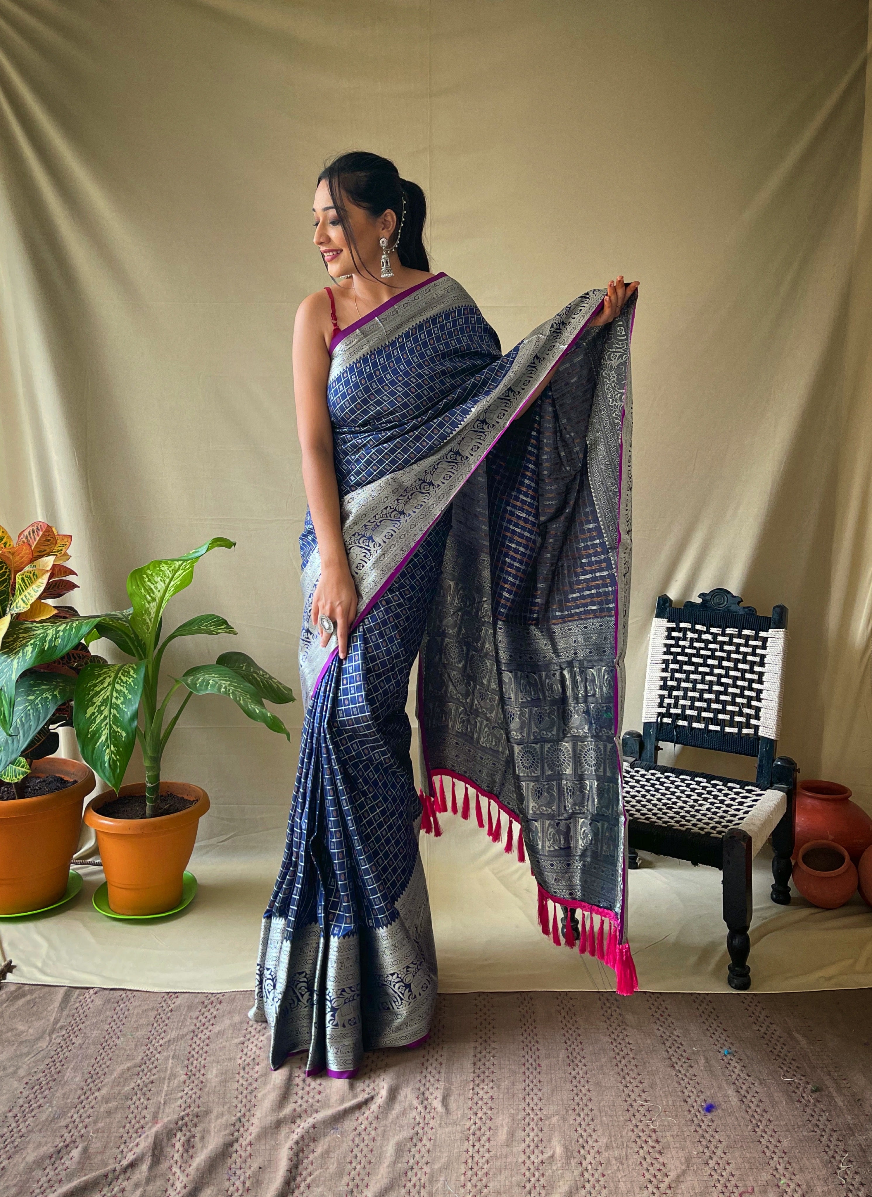 NAVY BLUE Soft litchi silkSAREE