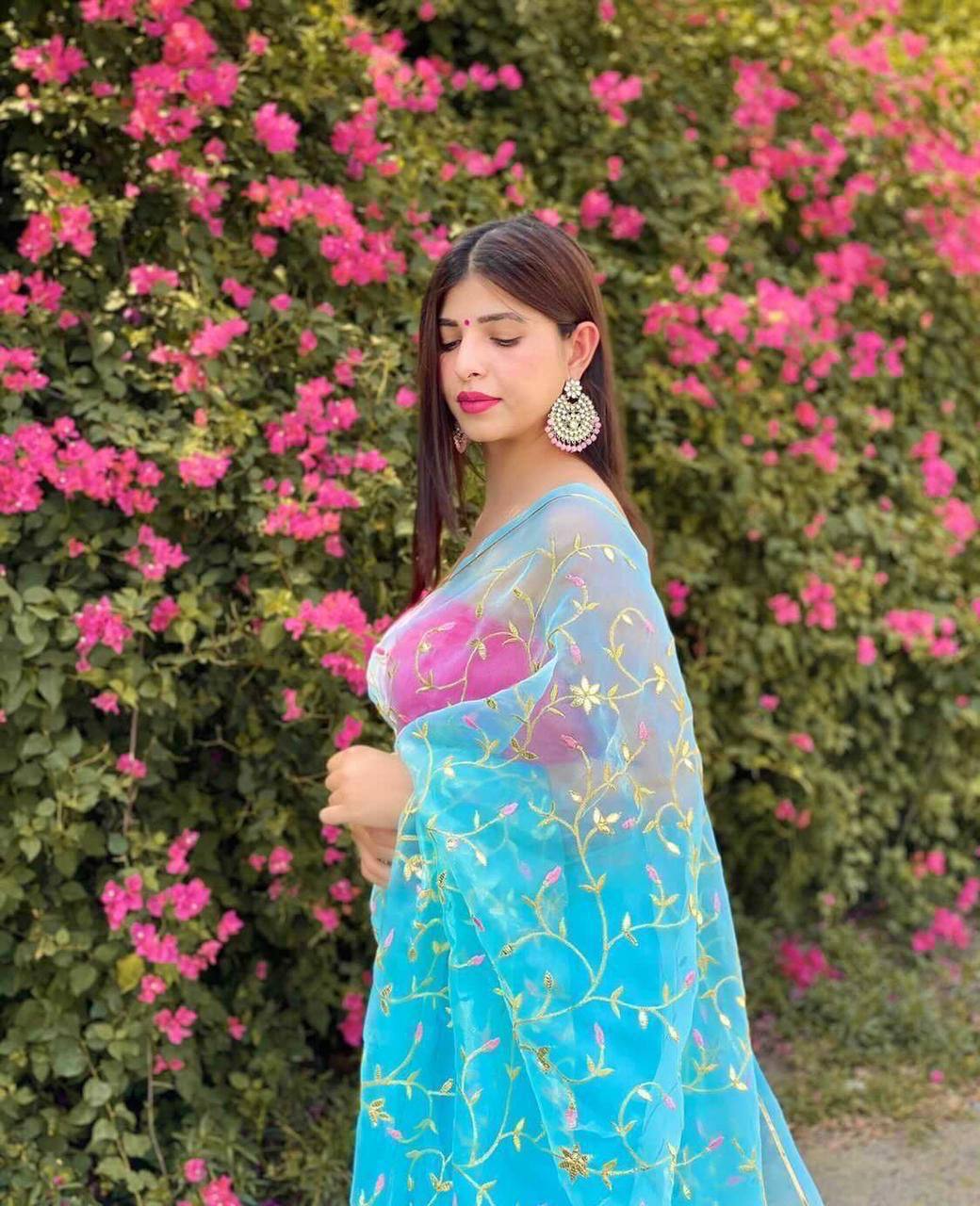 BLUE Organza Saree With Satin Benglori Blouse