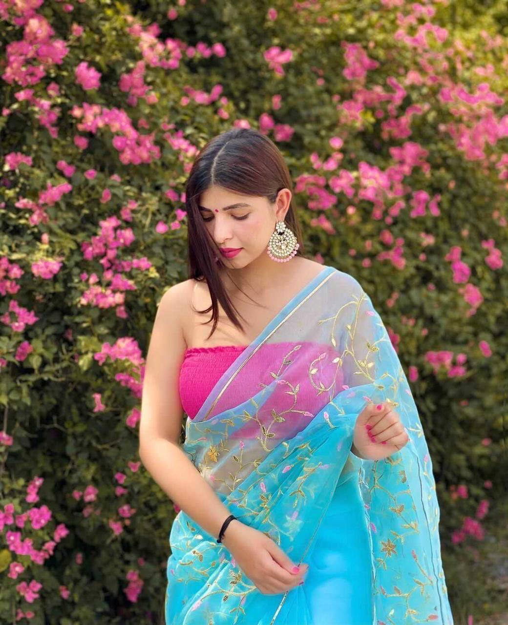 BLUE Organza Saree With Satin Benglori Blouse