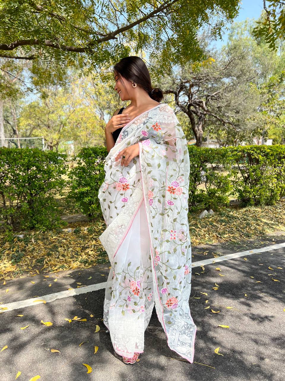 White Organza Saree With Sattin Benglori Blouse