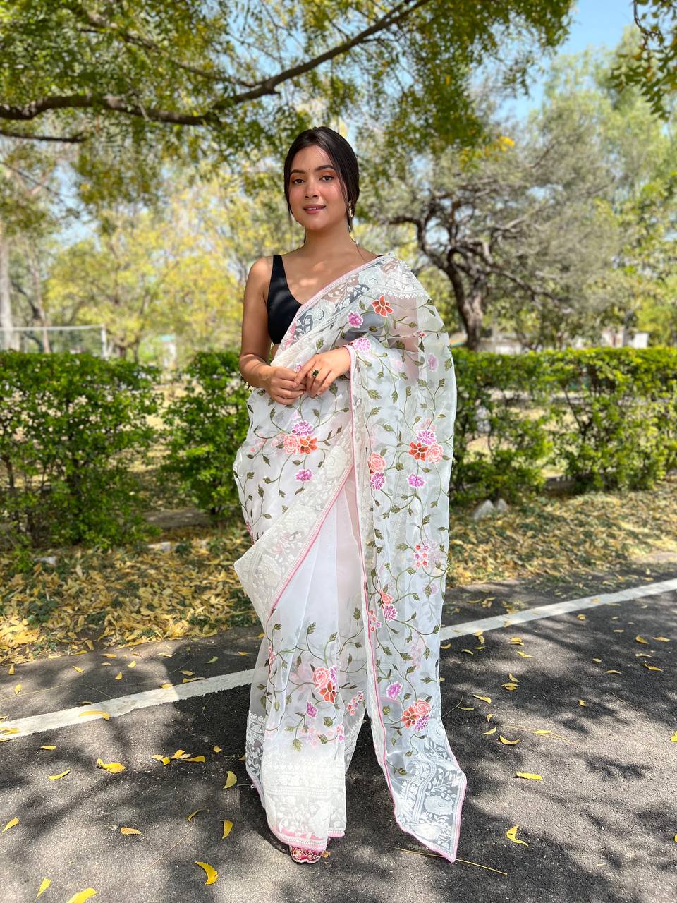 White Organza Saree With Sattin Benglori Blouse