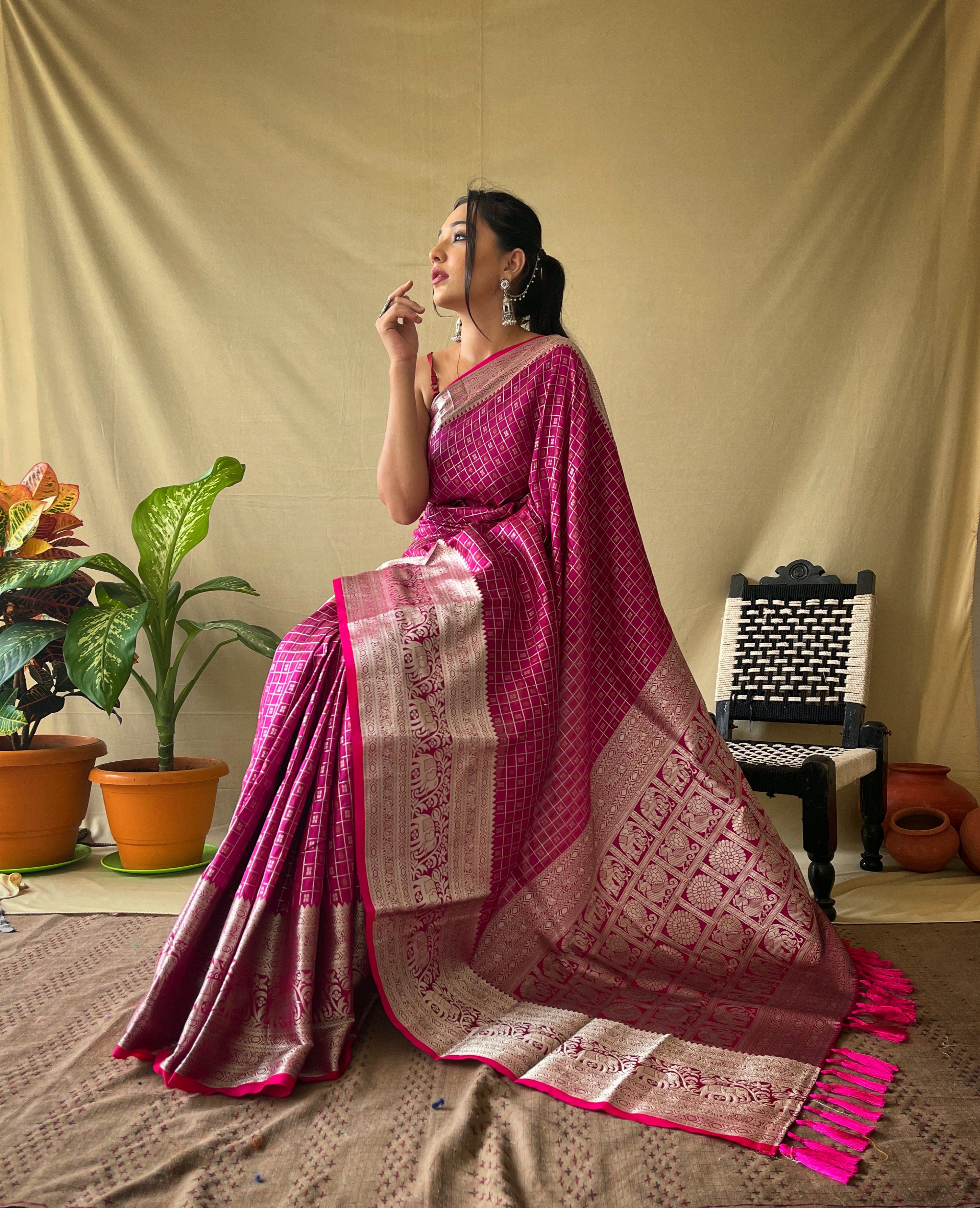 PINK Soft litchi silkSAREE