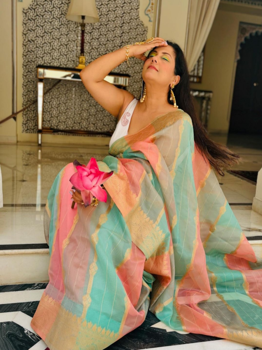 RITI VERMA in Blue And Pink Organza Saree