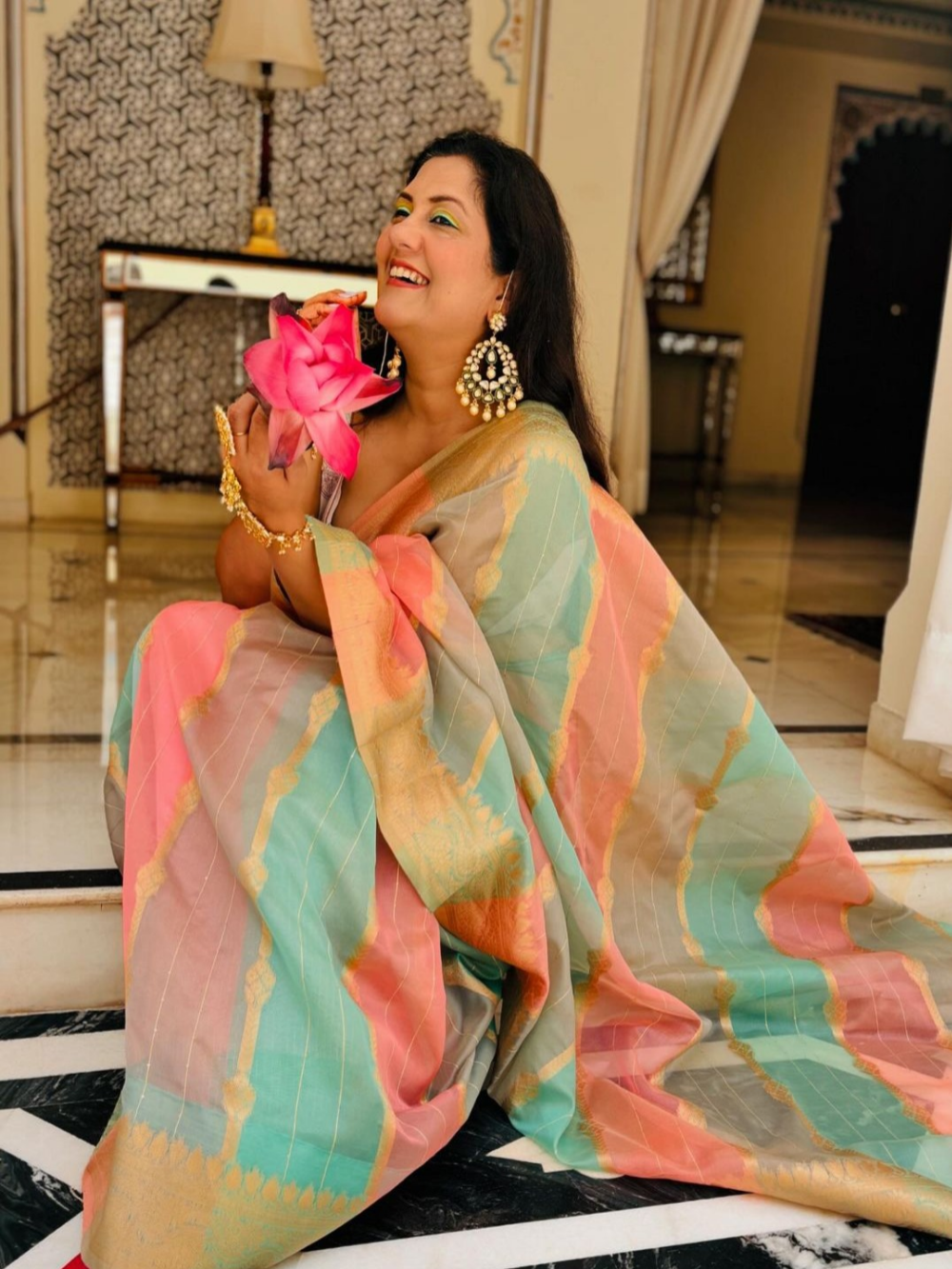 RITI VERMA in Blue And Pink Organza Saree