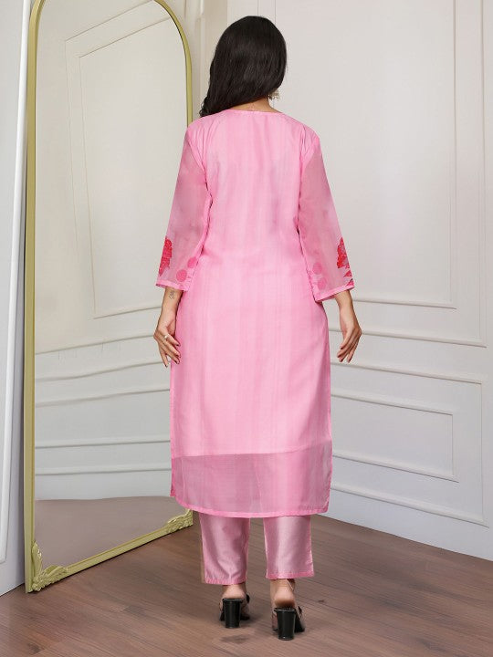 Light Pink Women Embroidered Premium Organza kurta set