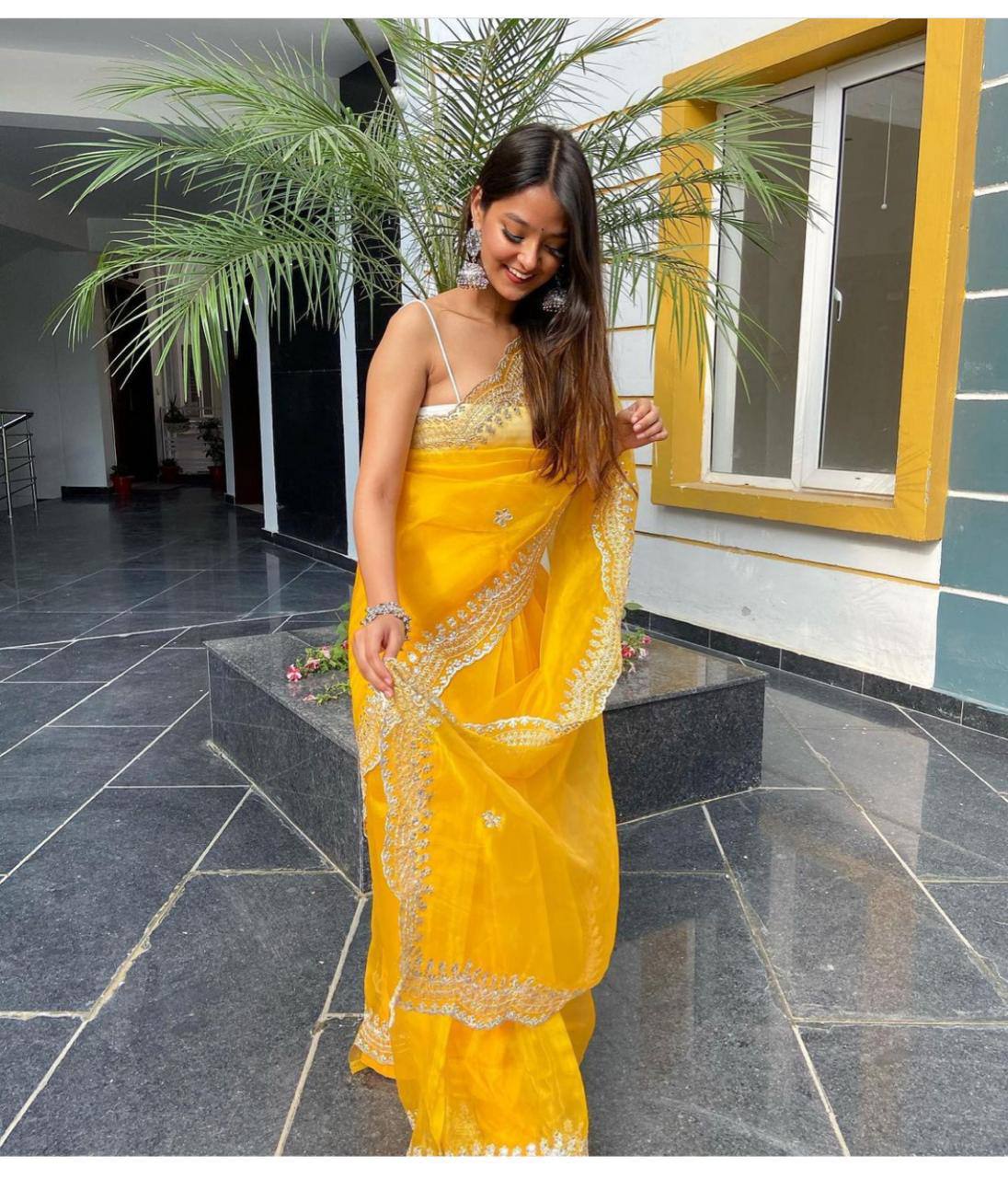 Yellow Organza Saree With weaving silk Blouse