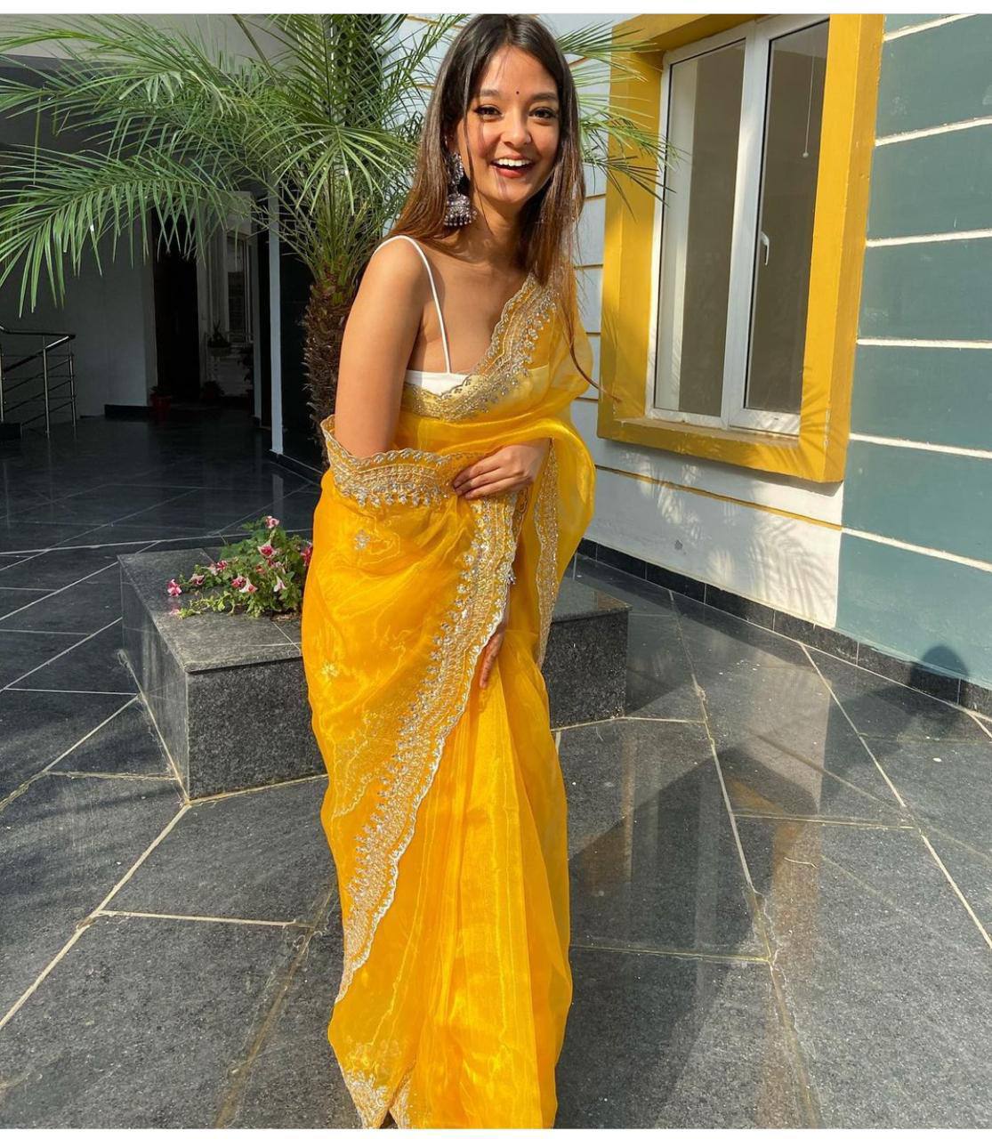 Yellow Organza Saree With weaving silk Blouse