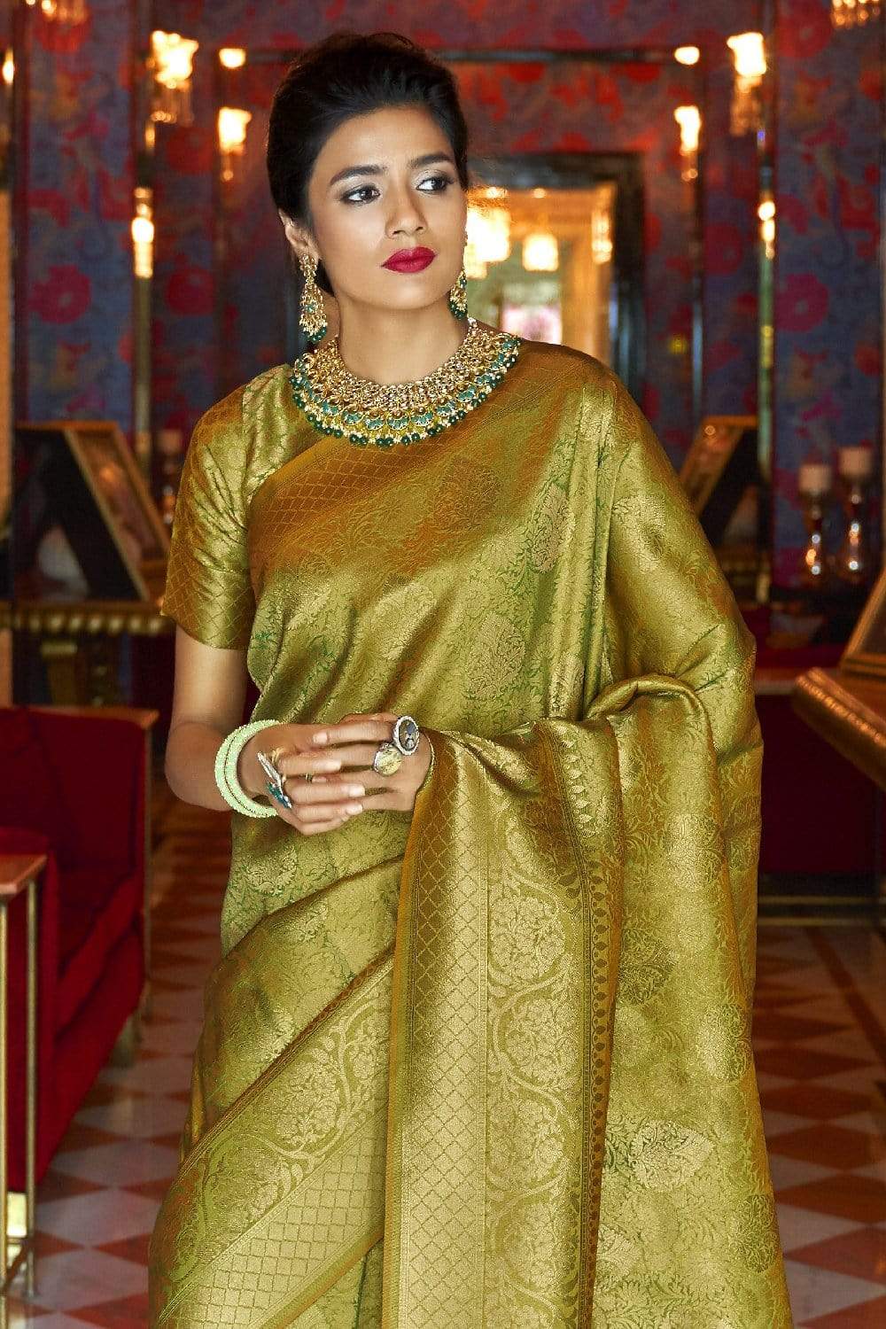 Buy Green Gold Kanjivaram Pattu Silk Saree for Woman With Embossed Real  Swarovski Crystals on Border and Pallu Premium Sarees by TST Online in  India - Etsy