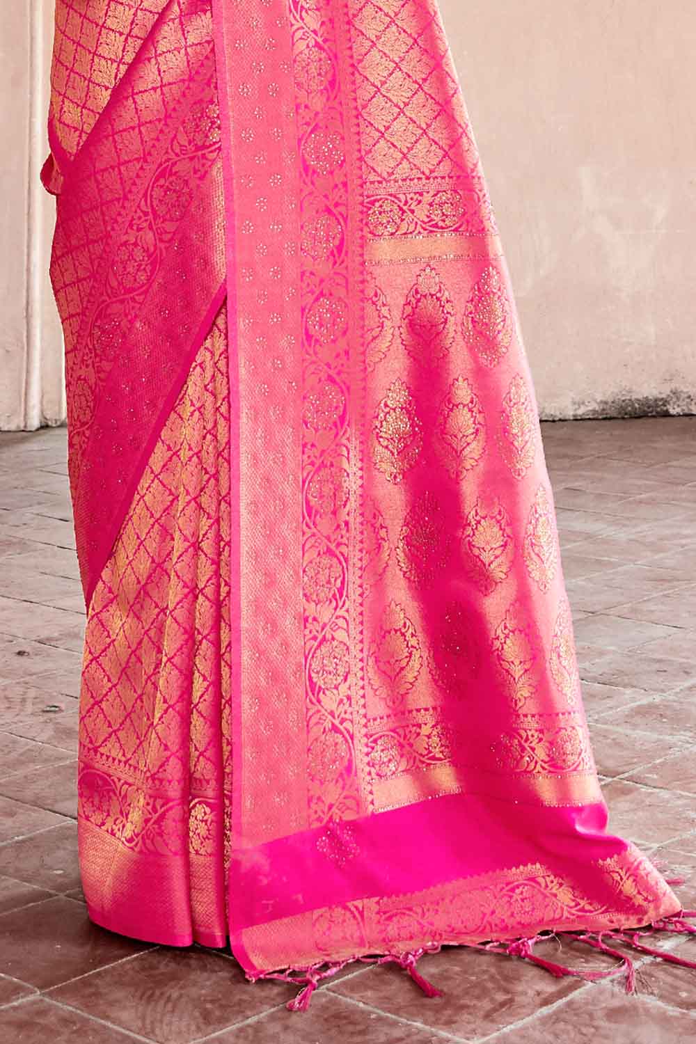Neon Pink Zari Woven Kanjivaram Fusion Saree With Swaroski