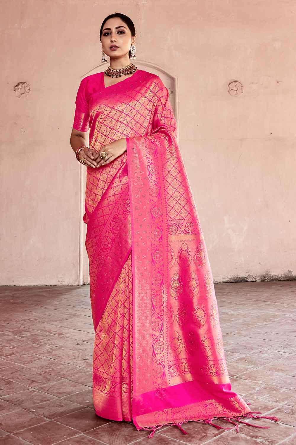 Neon Pink Zari Woven Kanjivaram Fusion Saree With Swaroski