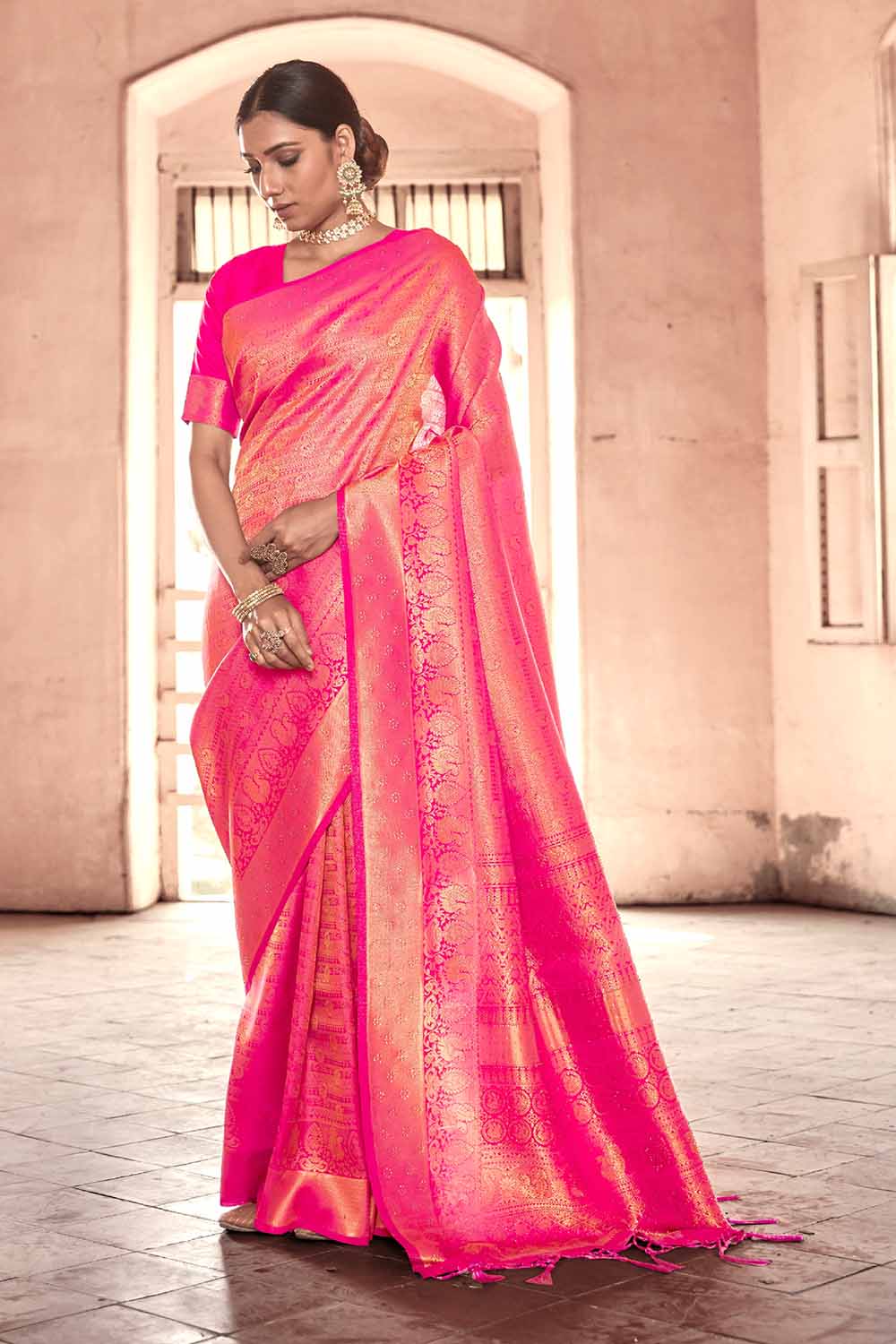 Rose Pink Zari Woven Kanjivaram Fusion Saree With Swaroski