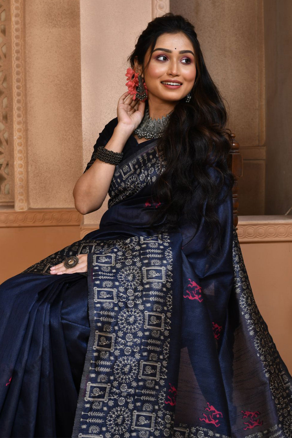 Navy Blue Raw Silk Saree