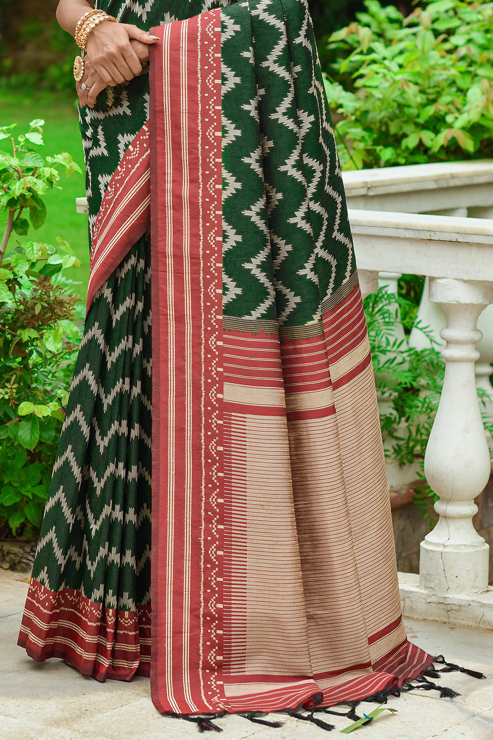 Bottle Green And Red Raw Silk Saree