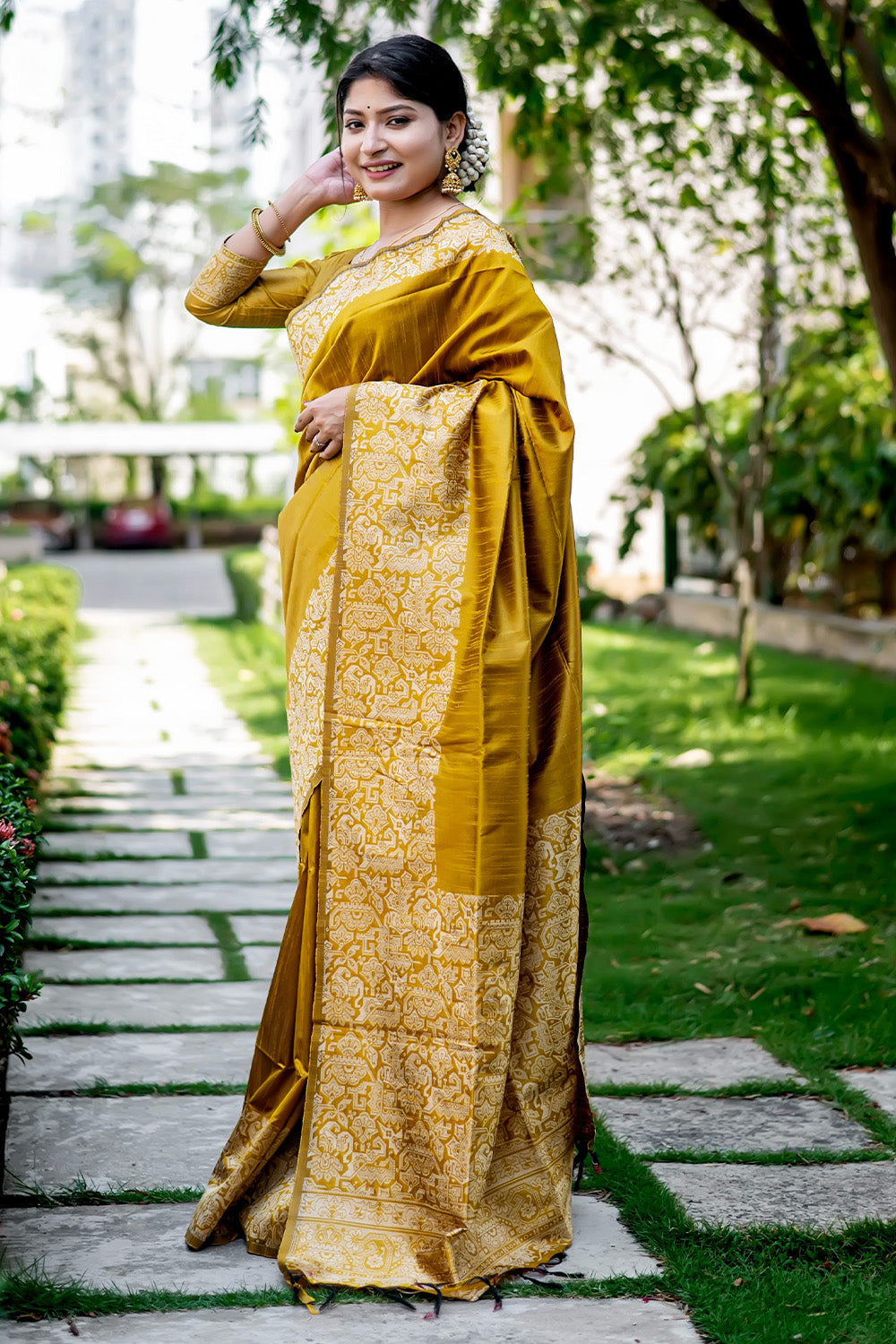 Mustard Yellow Raw Silk Saree