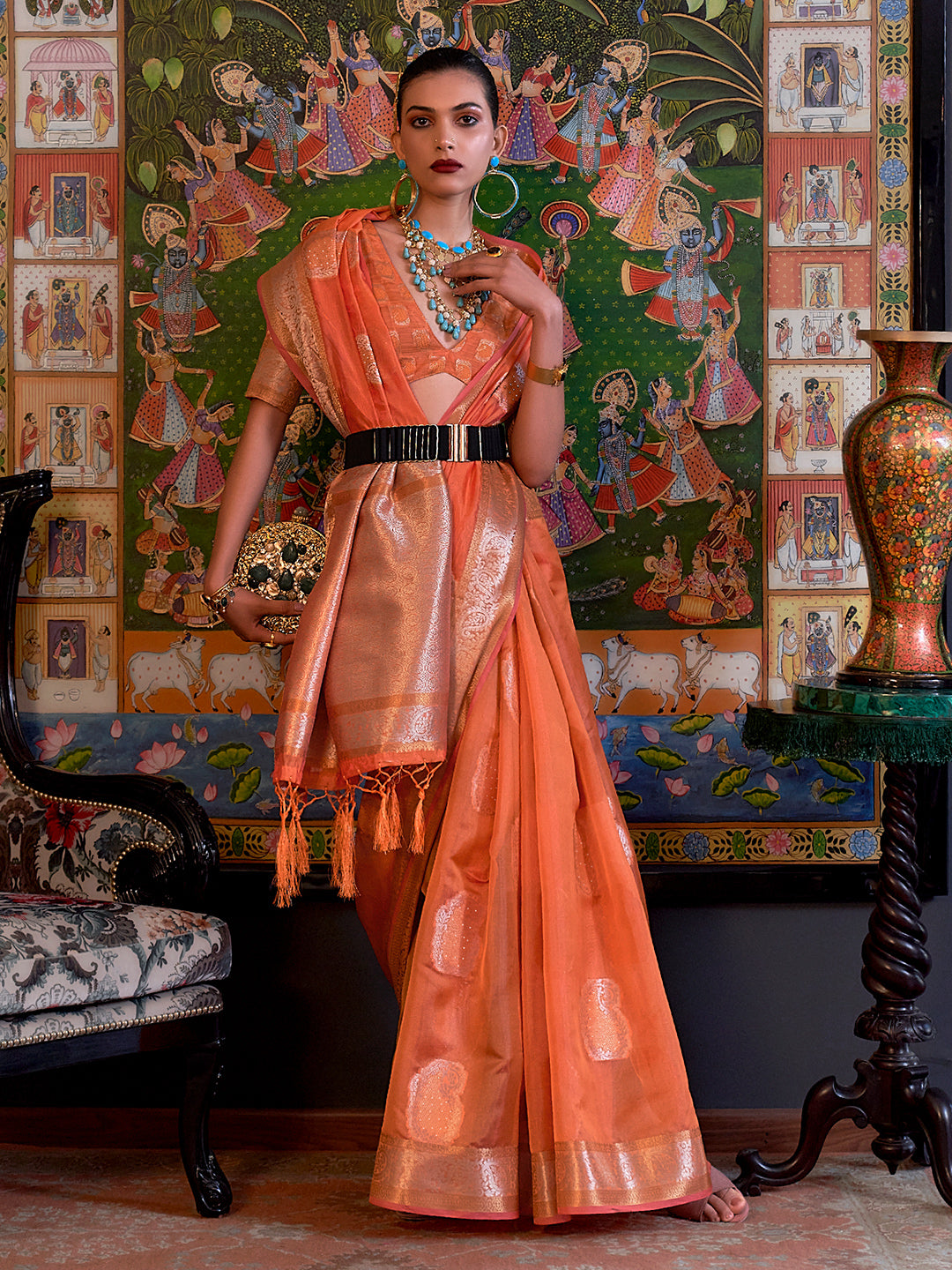 Coral Peach Organza Saree