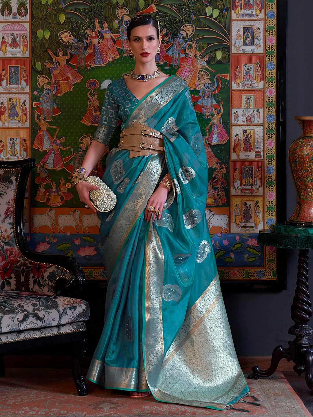 Ocean Blue Organza Saree