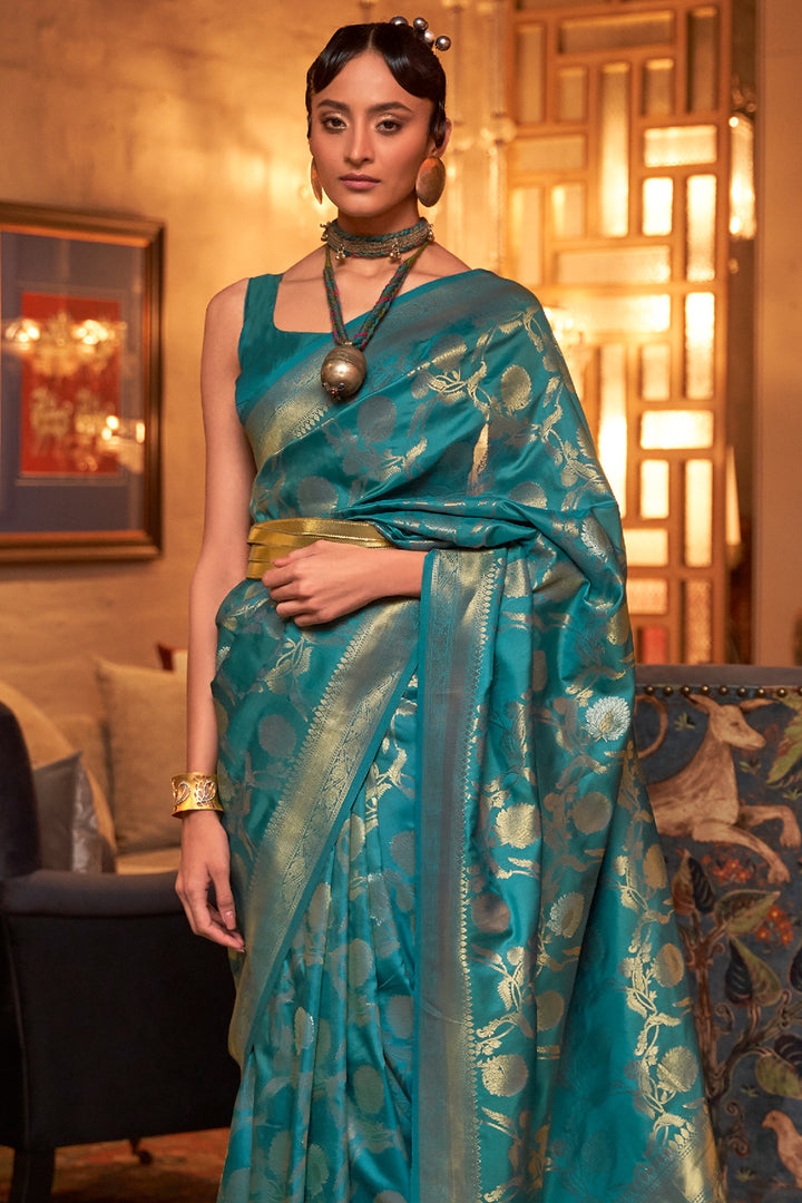 Shop Pure Handloom Kanjivaram Silk Turquoise Blue Saree India USA – Sunasa