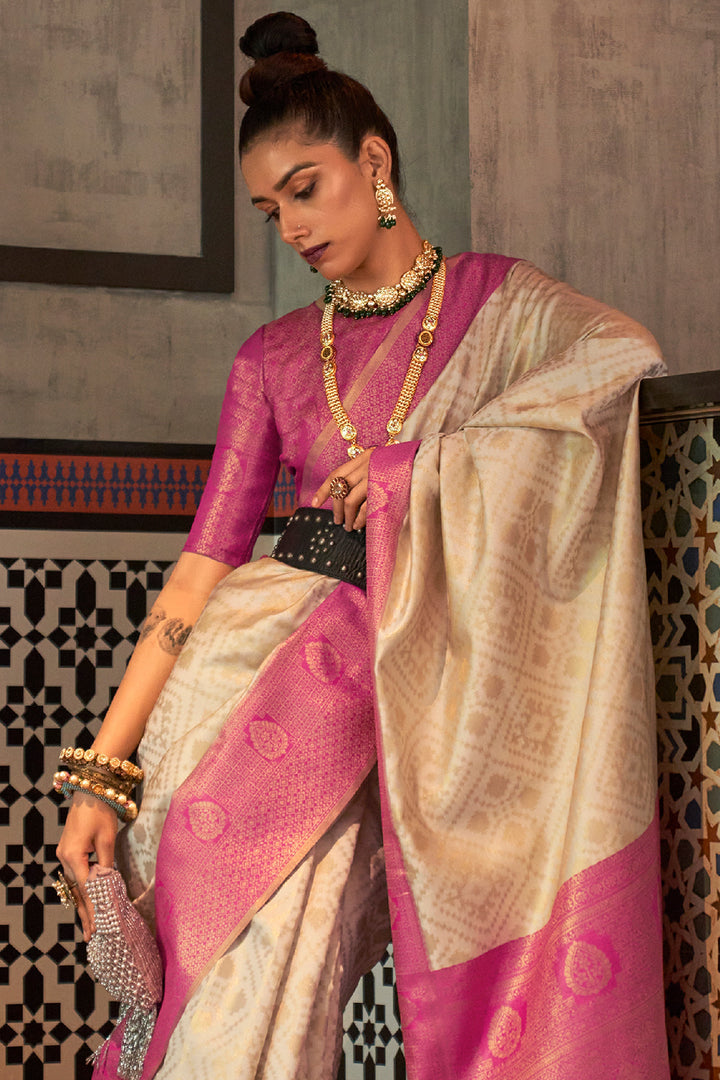 Photo of Gold kanjivaram bride with temple jewellery and unique blouse