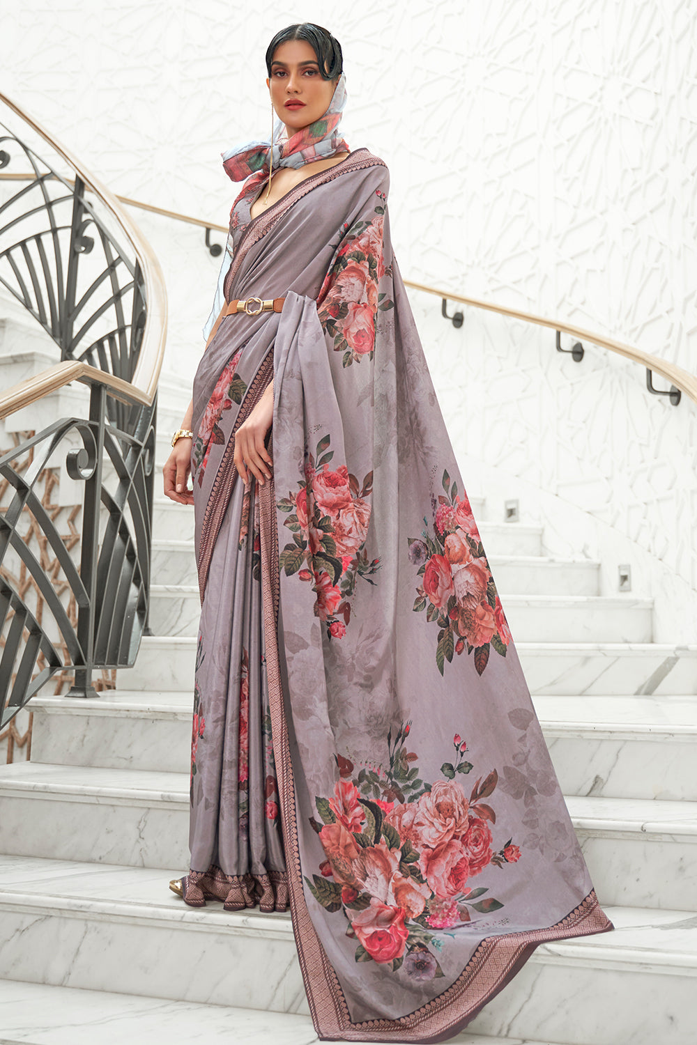 Buy Steel Grey Linen Saree Nitaraa