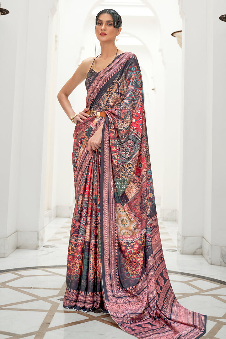 Buy Purple Digital Print Satin Contemporary Saree : 271576 -