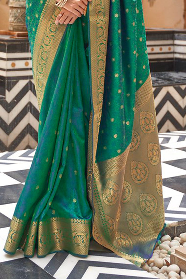 Dark Green Swarovski Stone Embossed Pure Satin Silk Saree | TST | The Silk  Trend