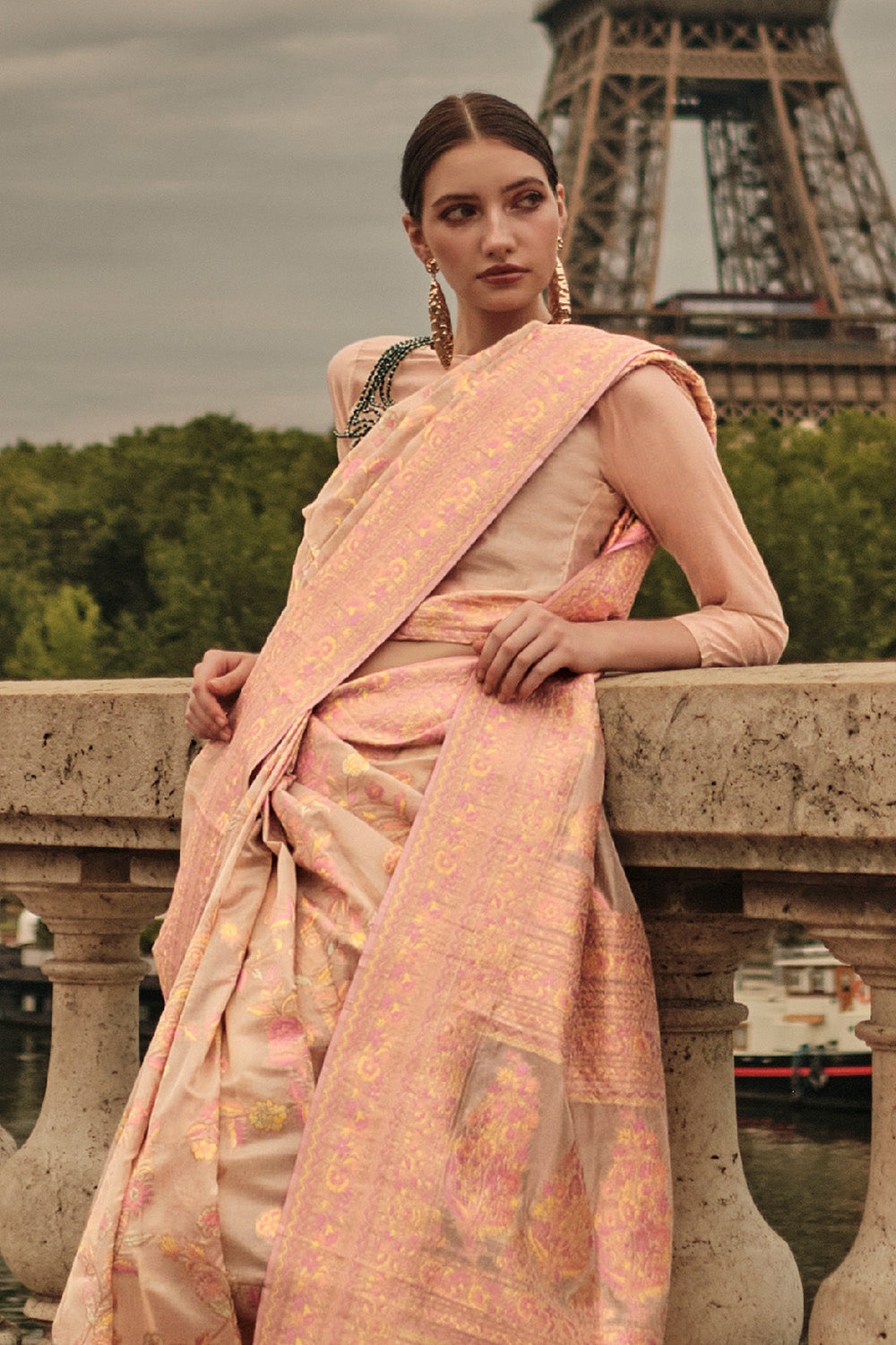 Peach Kashmiri Silk Saree With Blouse Piece