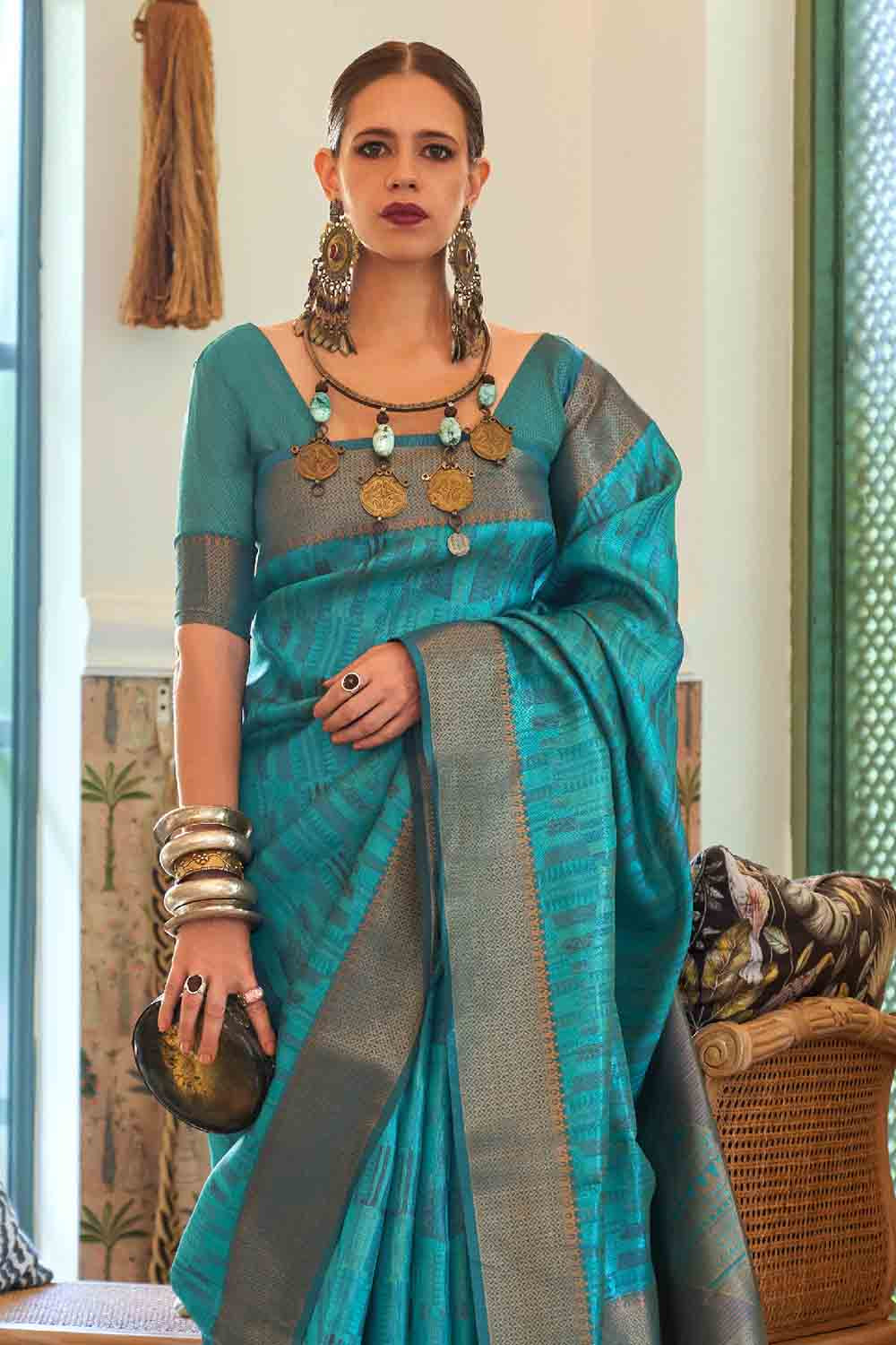 Buy Blue And Green Raw Silk Saree Nitaraa