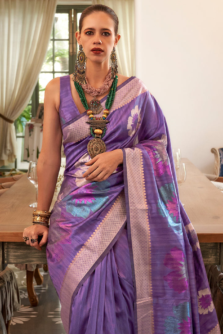 Purple Silk Saree With Floral Weaves