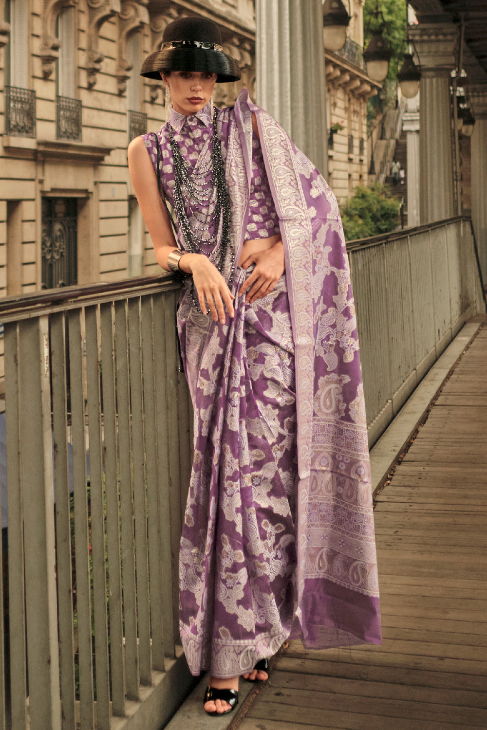 Purple Chickankari Organza Saree