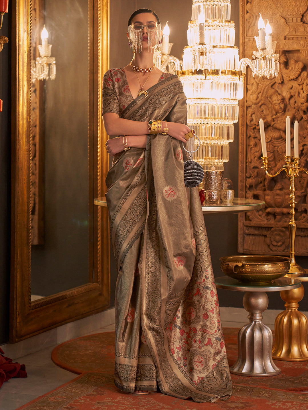 Tan Grey Kanjivaram Saree