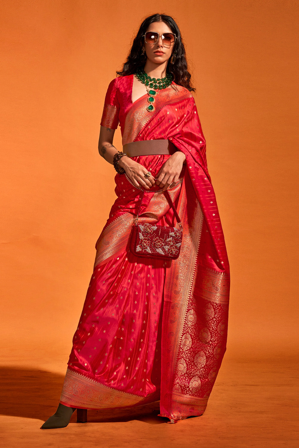 Red Satin Banarasi Silk Saree With Blouse Piece