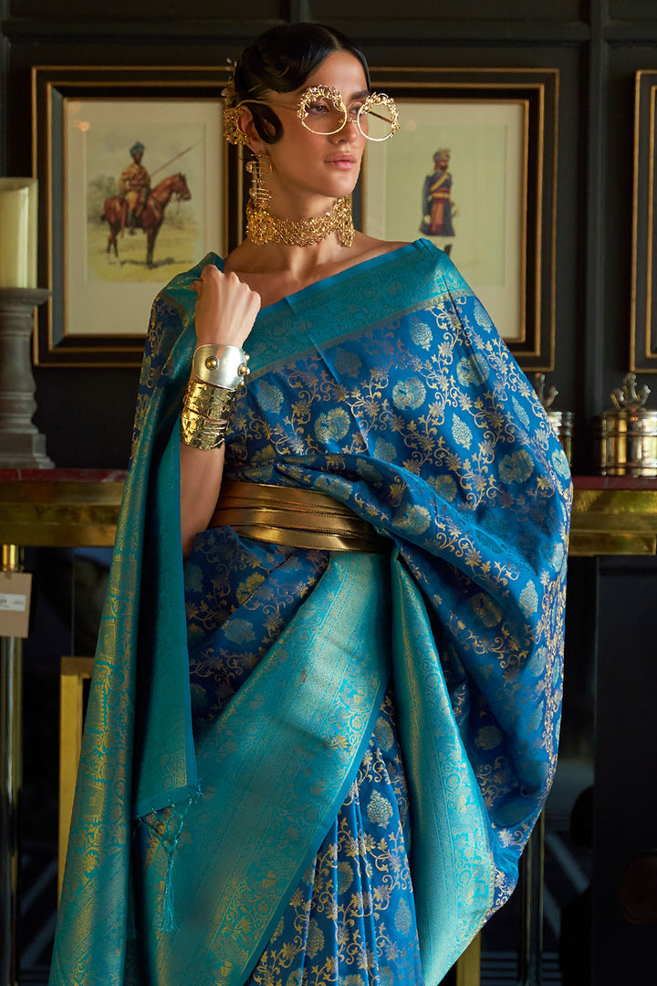 Ready to wear Cobalt Blue Kanjeevaram Styled With Jacquard Weave Paisl