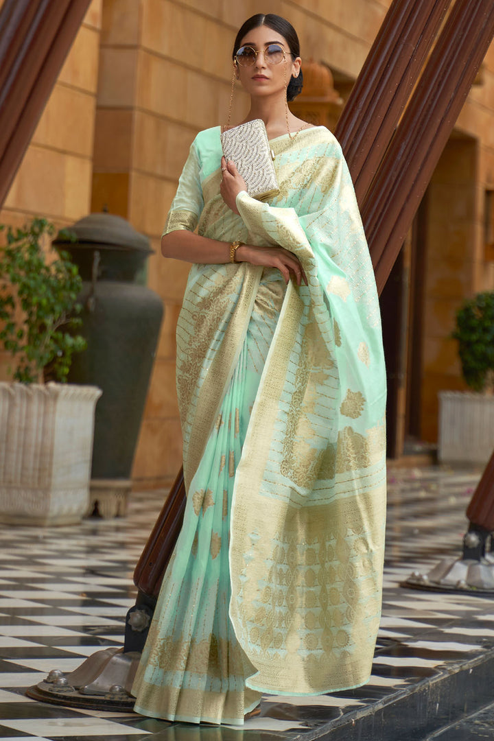 Buy PTIEPLBanarasi Silk Works WOMEN'S SEA GREEN SATIN BANARASI SAREE WITH  BLOUSE PIECE Online at Best Prices in India - JioMart.