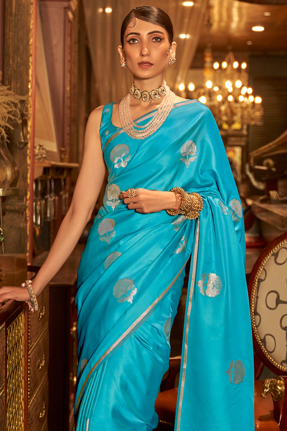 Olympic Blue Satin Saree – NITARAA