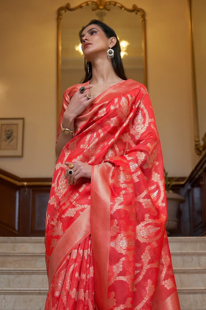 Muse Luxe Edit '23 - TANGO RED EMBELLISHED ORGANZA SARI – Nainpreet - The  Collective