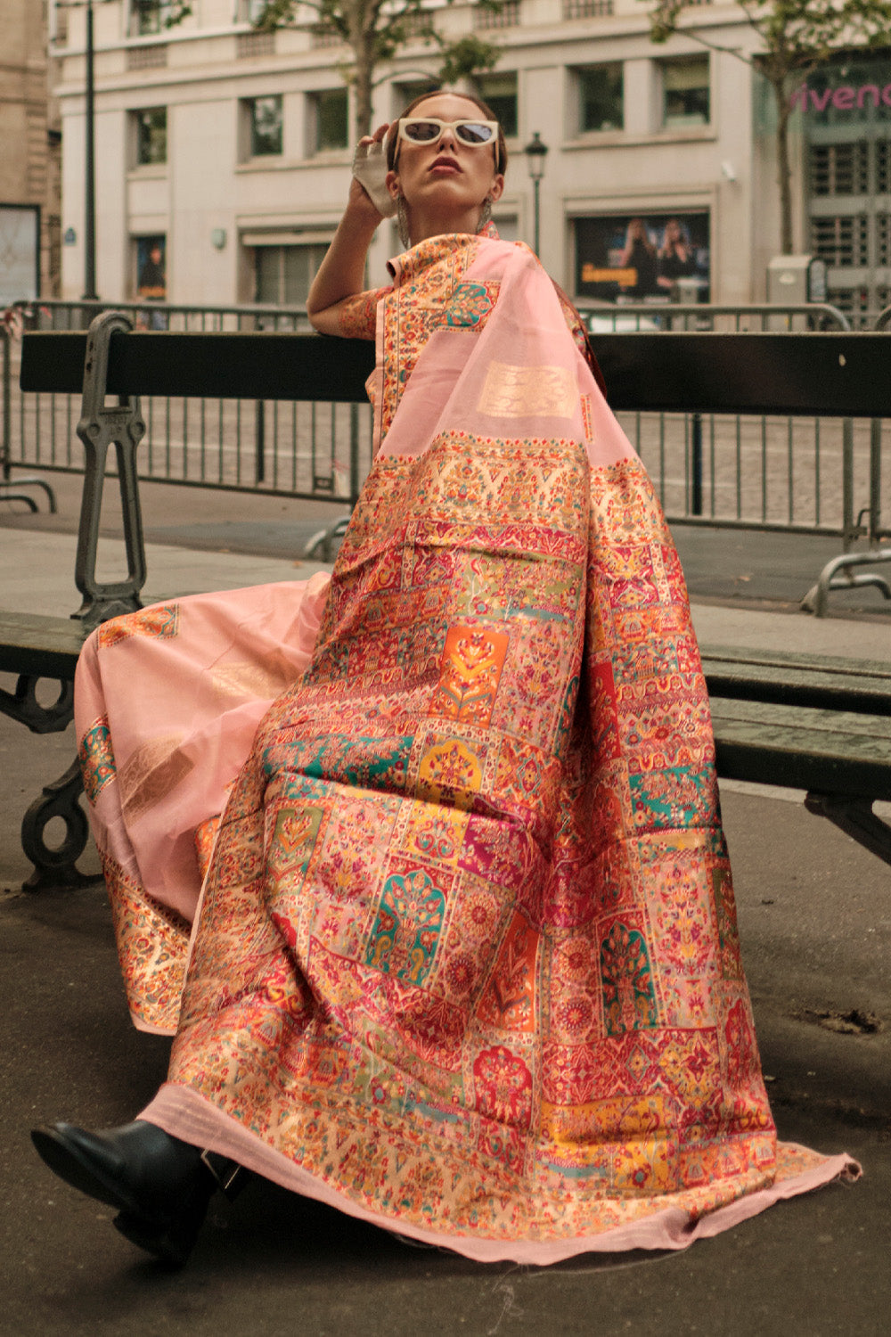 Pink Kashmiri Silk Saree With Blouse Piece