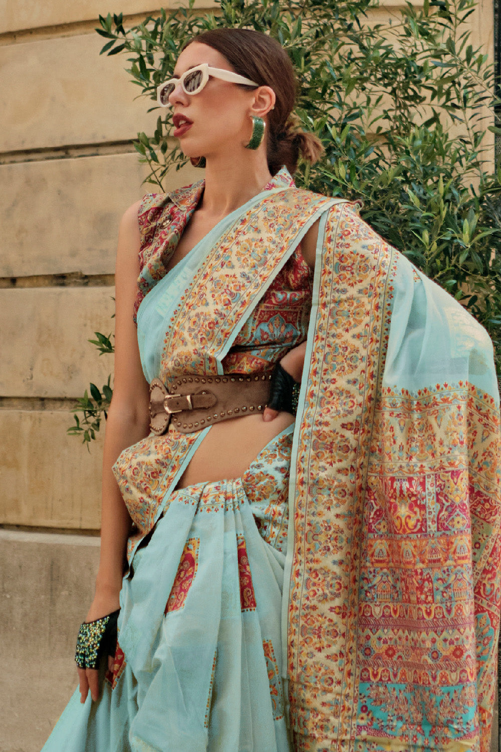 Teal Blue Kashmiri Silk Saree With Blouse Piece